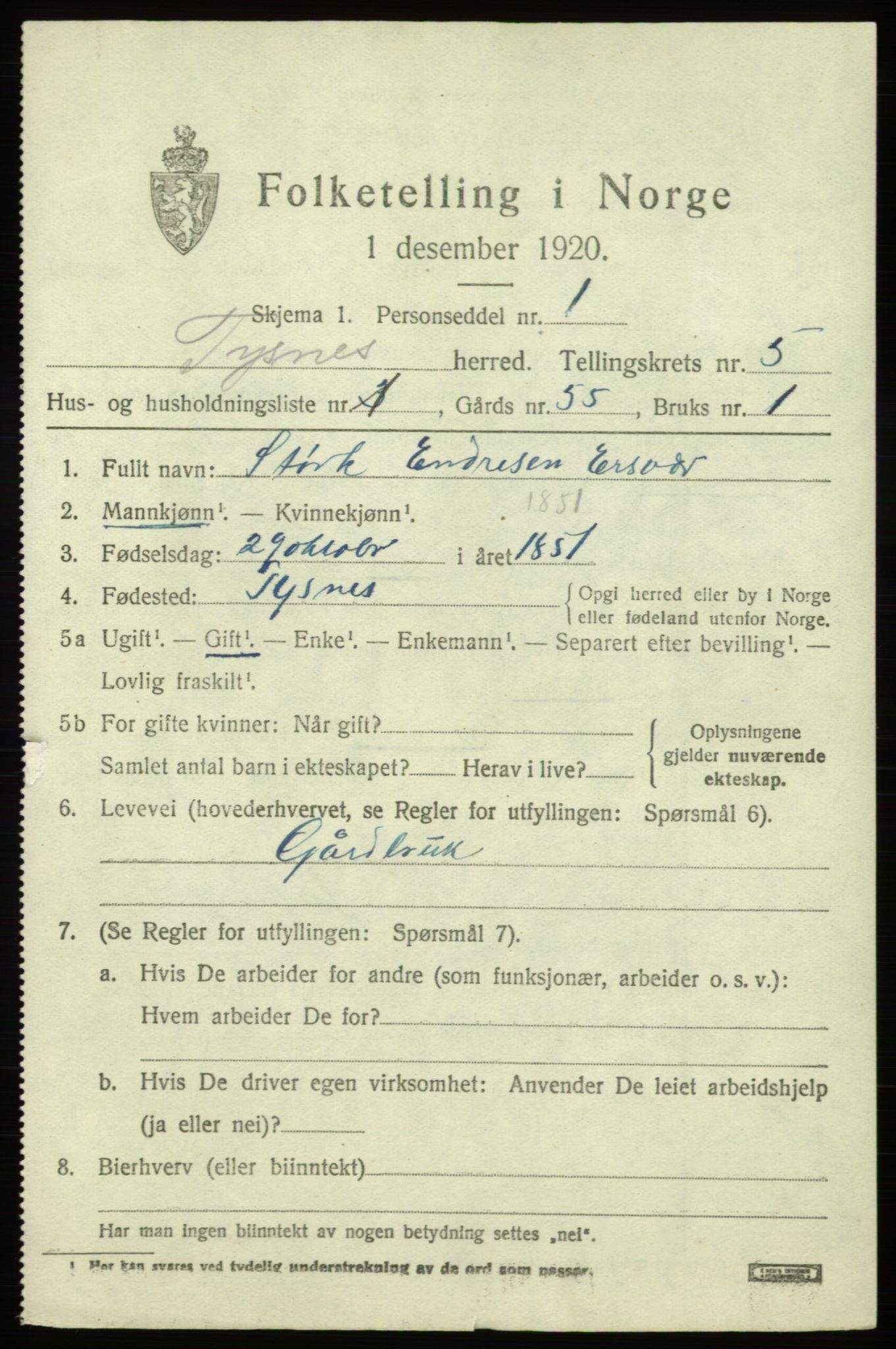 SAB, 1920 census for Tysnes, 1920, p. 3764