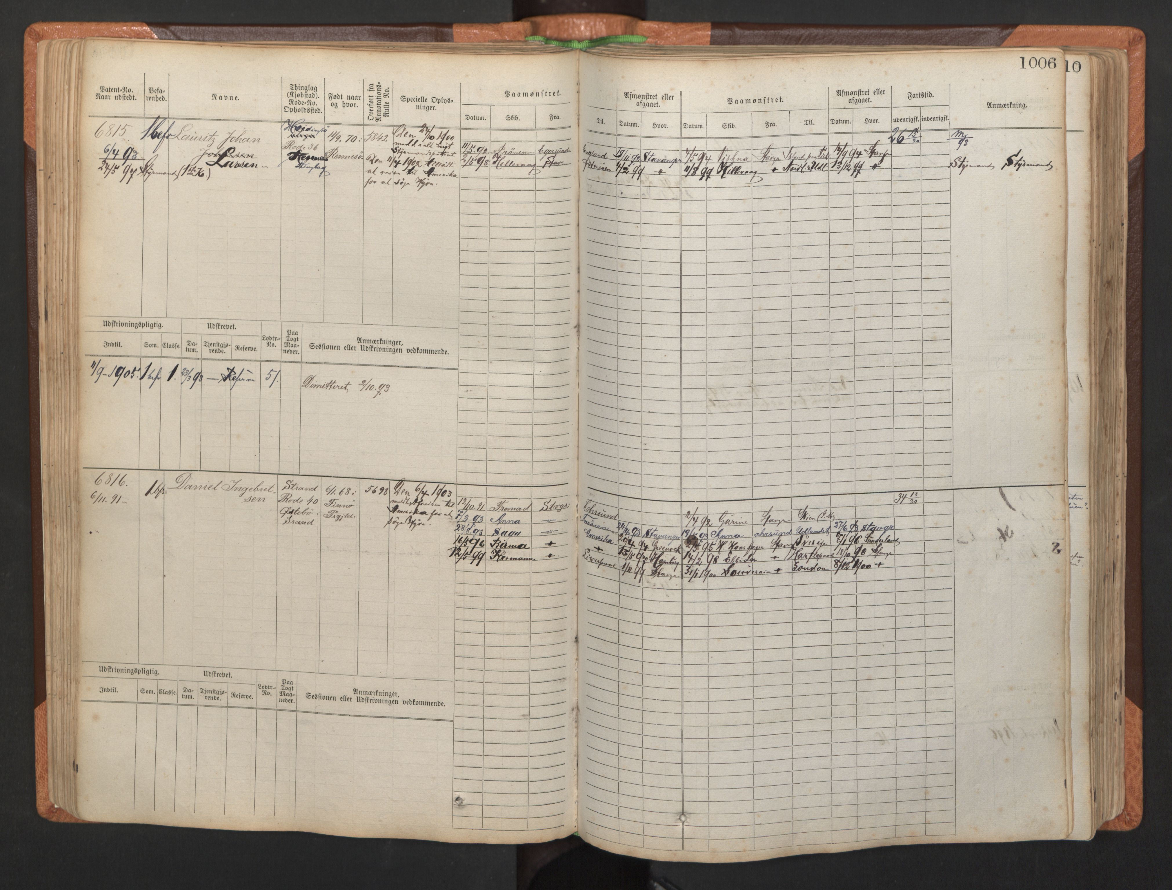 Stavanger sjømannskontor, AV/SAST-A-102006/F/Fb/Fbb/L0011: Sjøfartshovedrulle, patentnr. 6607-7206 (del 2), 1887-1896, p. 109