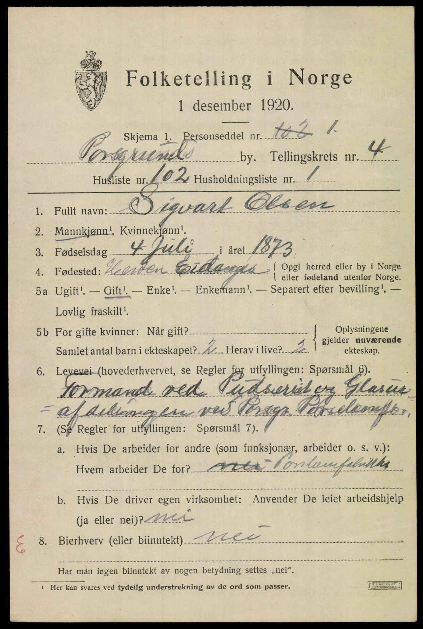 SAKO, 1920 census for Porsgrunn, 1920, p. 19877
