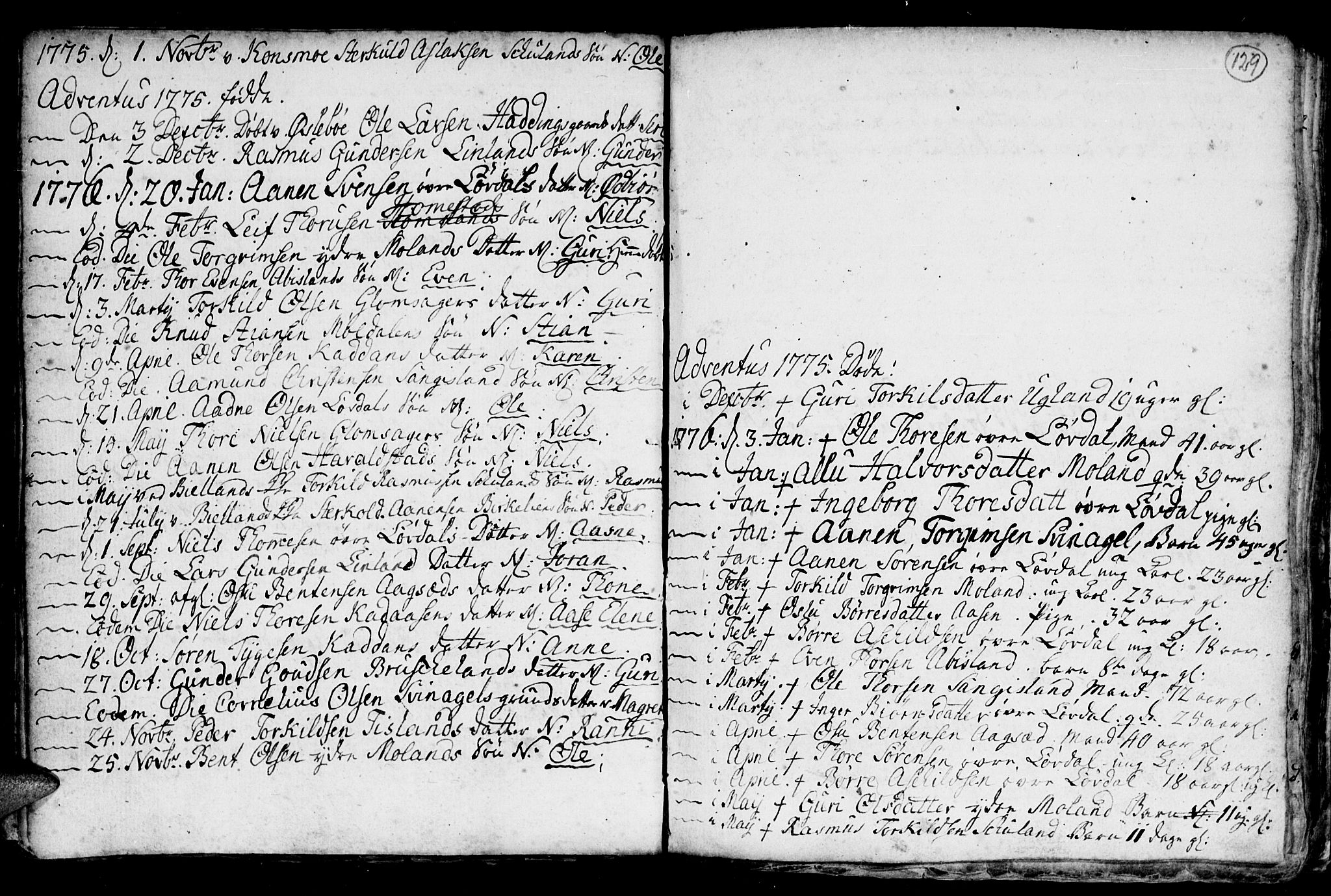 Holum sokneprestkontor, SAK/1111-0022/F/Fb/Fba/L0001: Parish register (copy) no. B 1 /3, 1770-1802, p. 129