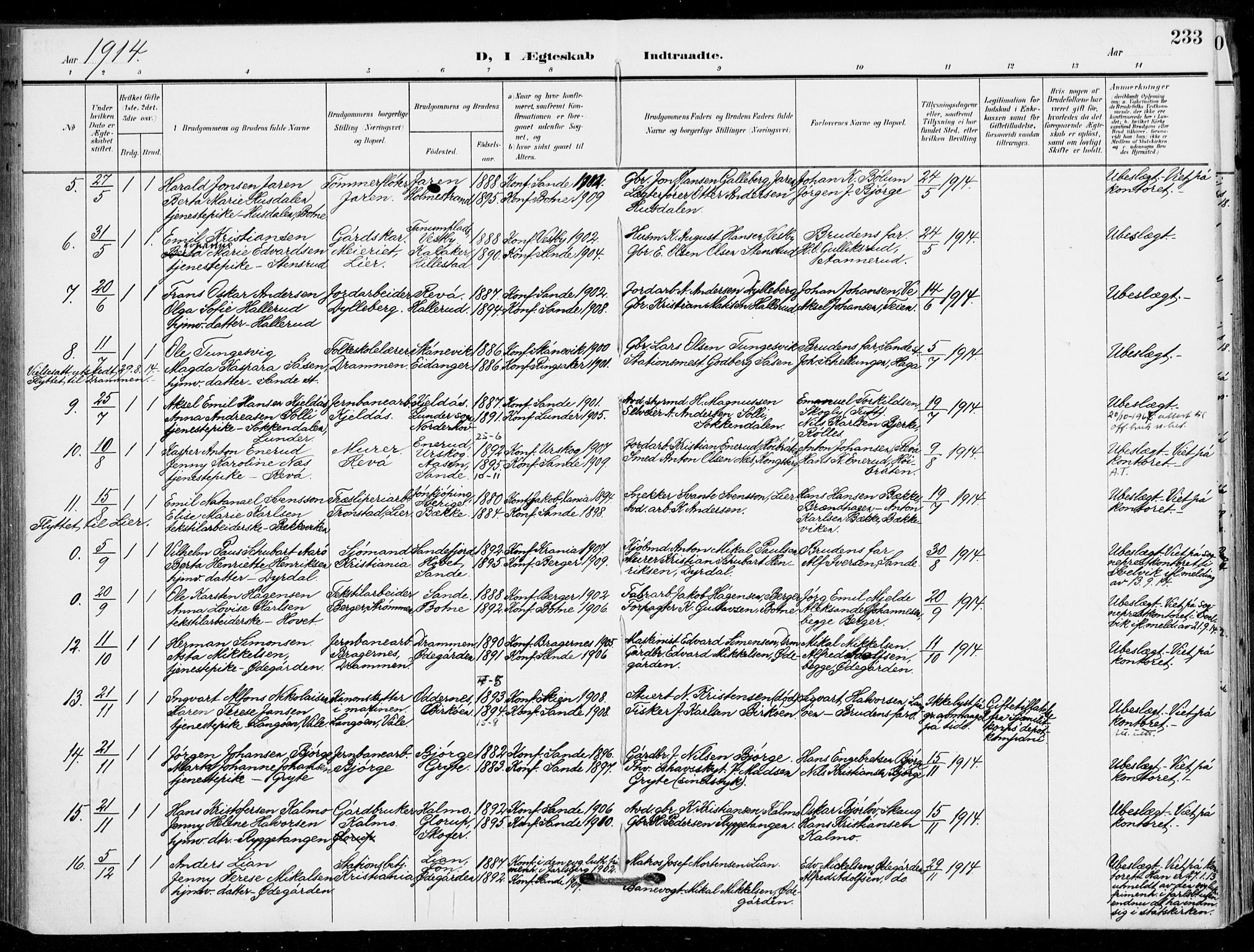 Sande Kirkebøker, SAKO/A-53/F/Fa/L0008: Parish register (official) no. 8, 1904-1921, p. 233
