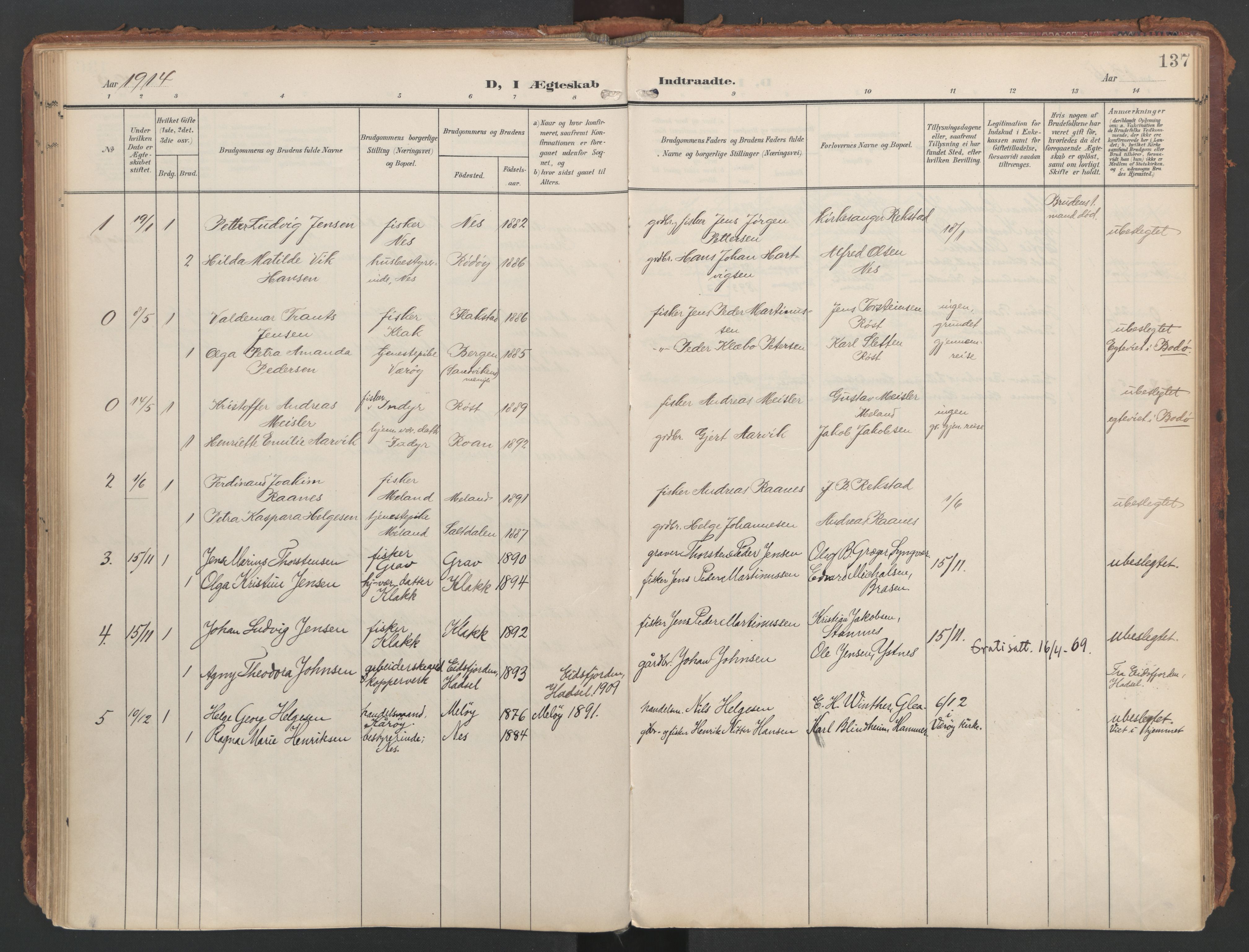 Ministerialprotokoller, klokkerbøker og fødselsregistre - Nordland, SAT/A-1459/808/L0129: Parish register (official) no. 808A02, 1903-1931, p. 137