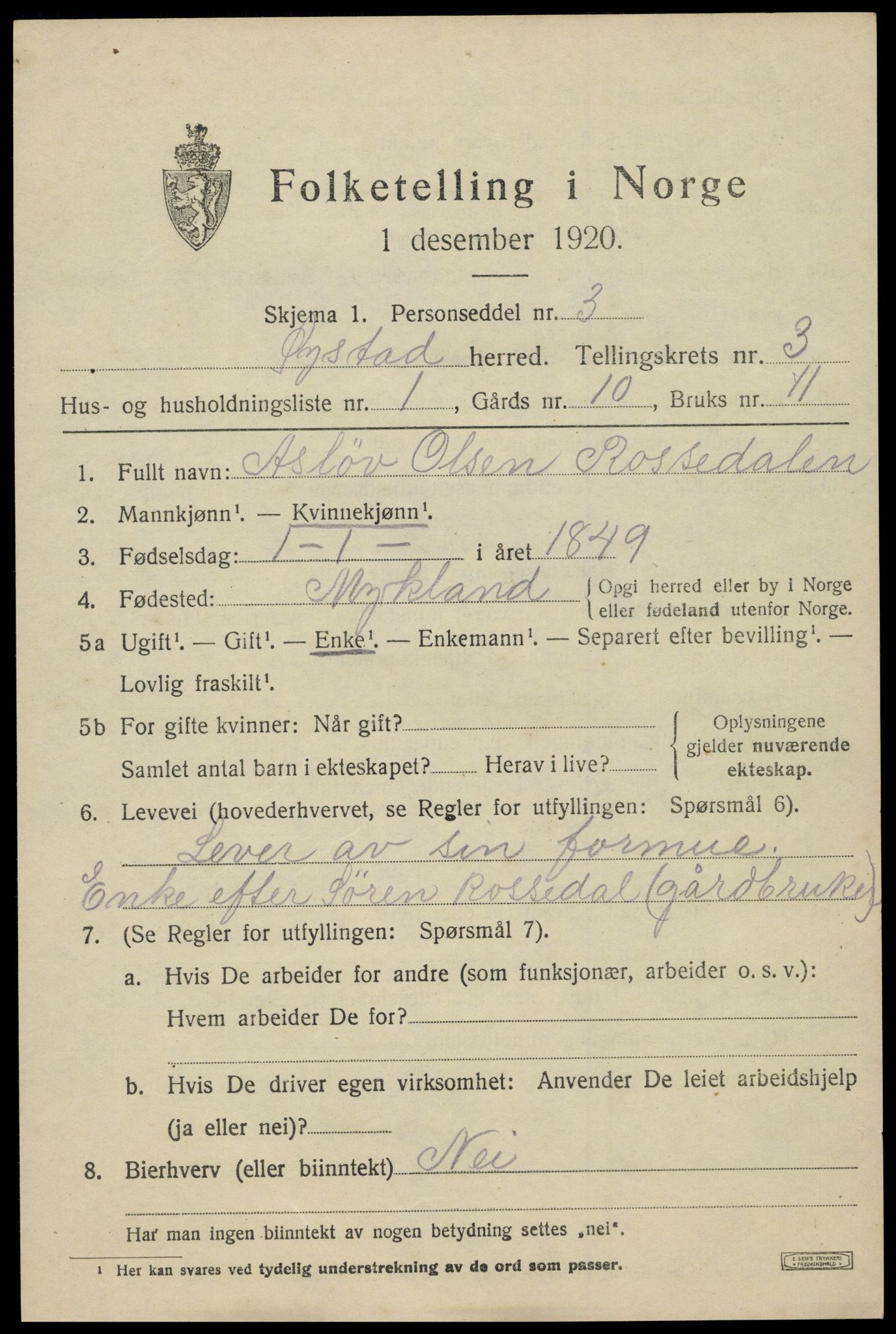 SAK, 1920 census for Øyestad, 1920, p. 2692