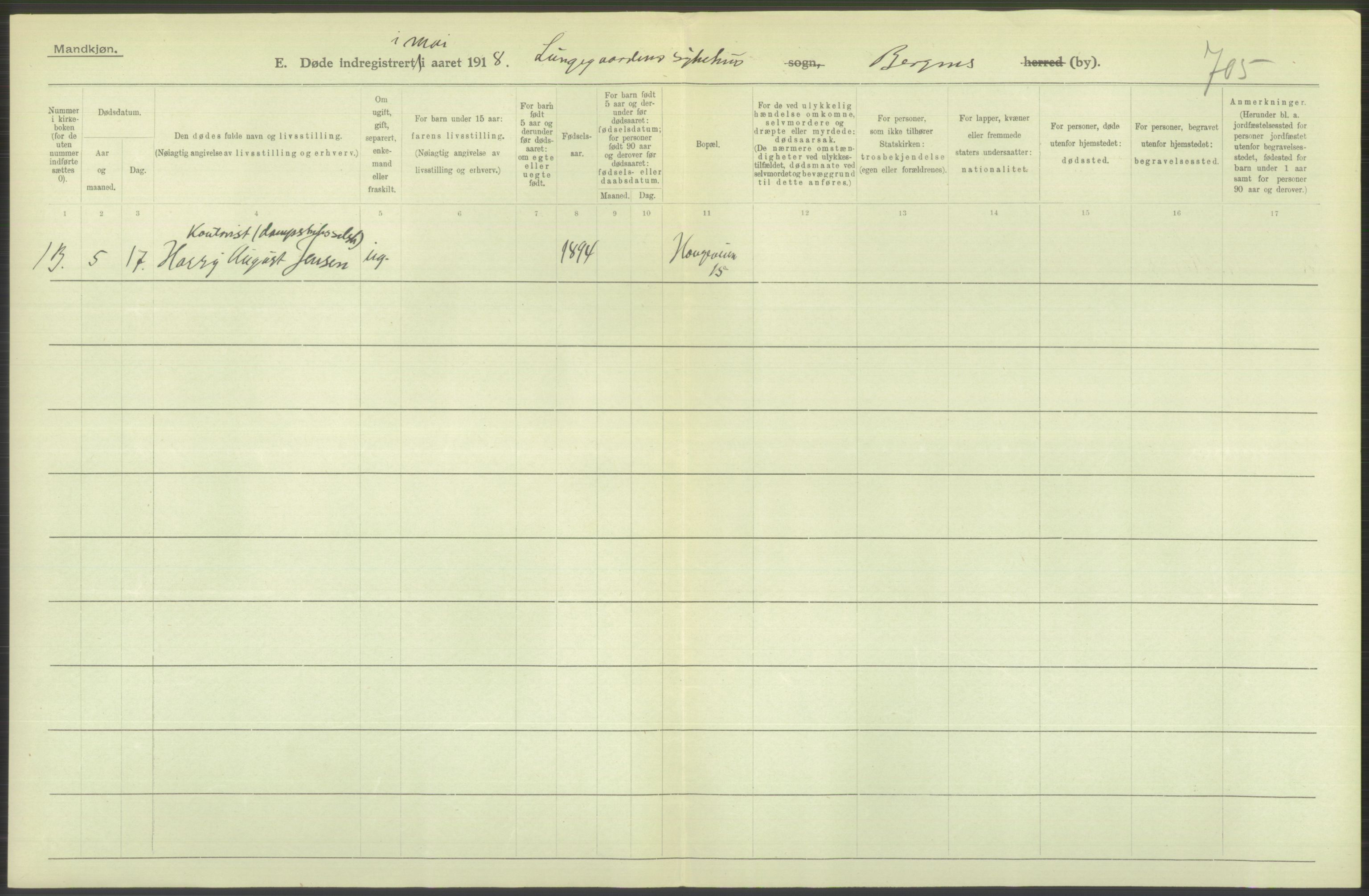 Statistisk sentralbyrå, Sosiodemografiske emner, Befolkning, RA/S-2228/D/Df/Dfb/Dfbh/L0039: Bergen: Døde., 1918, p. 172