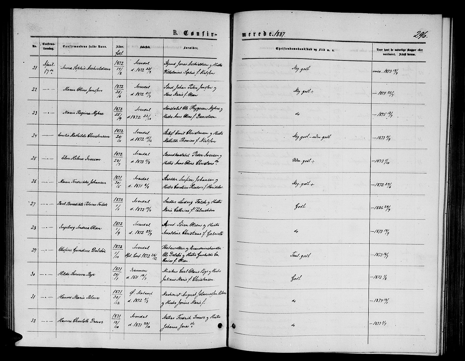 Arendal sokneprestkontor, Trefoldighet, AV/SAK-1111-0040/F/Fb/L0005: Parish register (copy) no. B 5, 1874-1888, p. 296