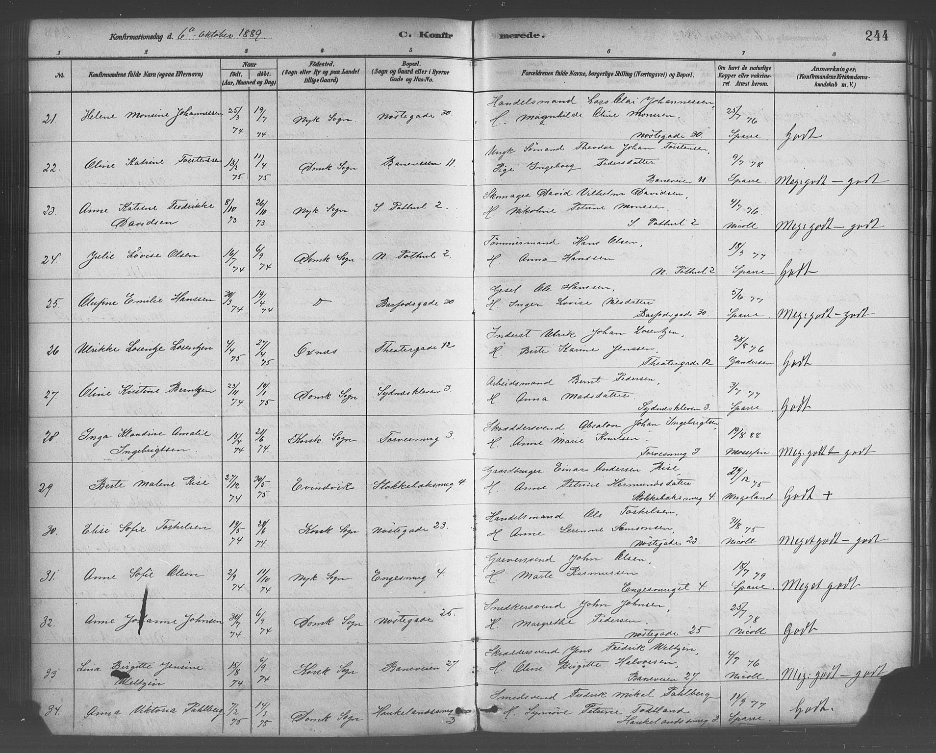 Domkirken sokneprestembete, SAB/A-74801/H/Haa/L0030: Parish register (official) no. C 5, 1880-1898, p. 244