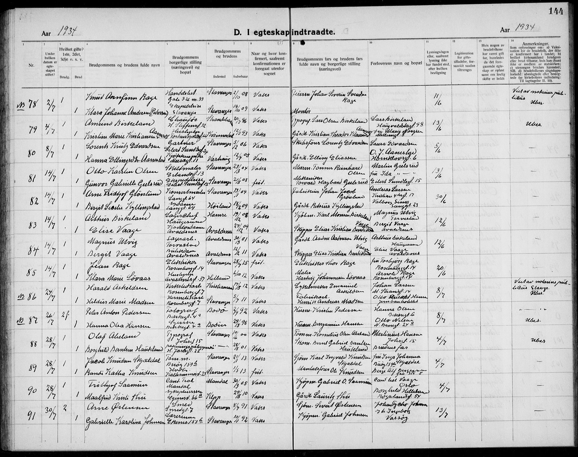 Domkirken sokneprestkontor, AV/SAST-A-101812/001/30/30BB/L0020: Parish register (copy) no. B 20, 1921-1937, p. 144