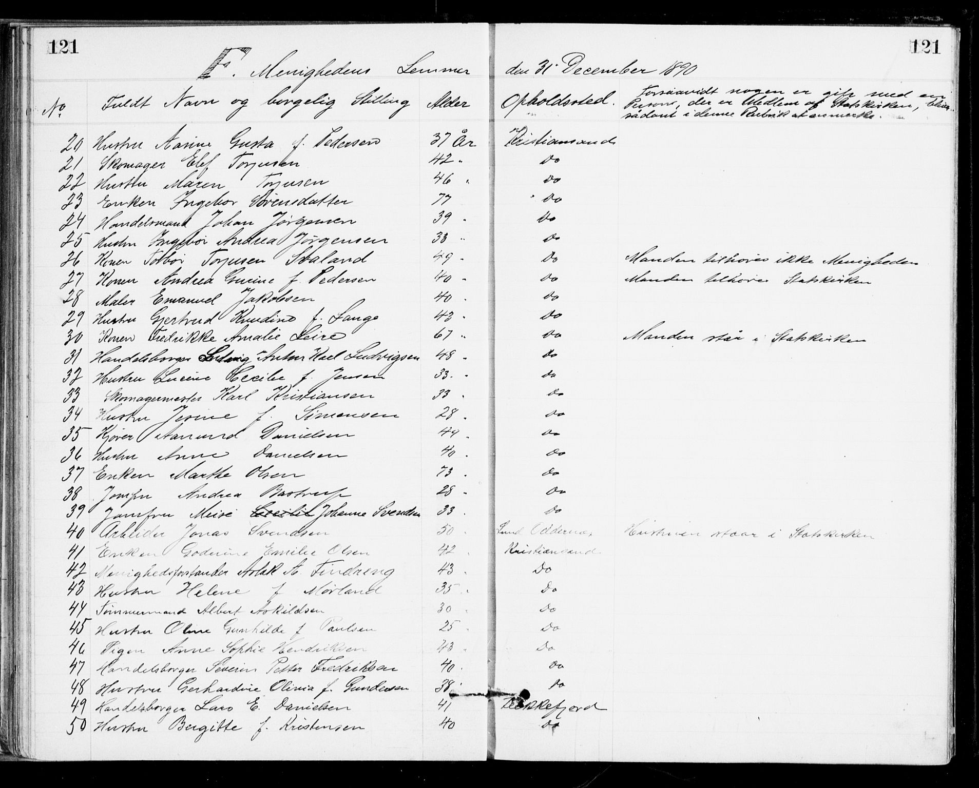 Den evangelisk-lutherske frikirke, Kristiansand, AV/SAK-1292-0017/F/Fa/L0002: Dissenter register no. F 10, 1889-1892, p. 121