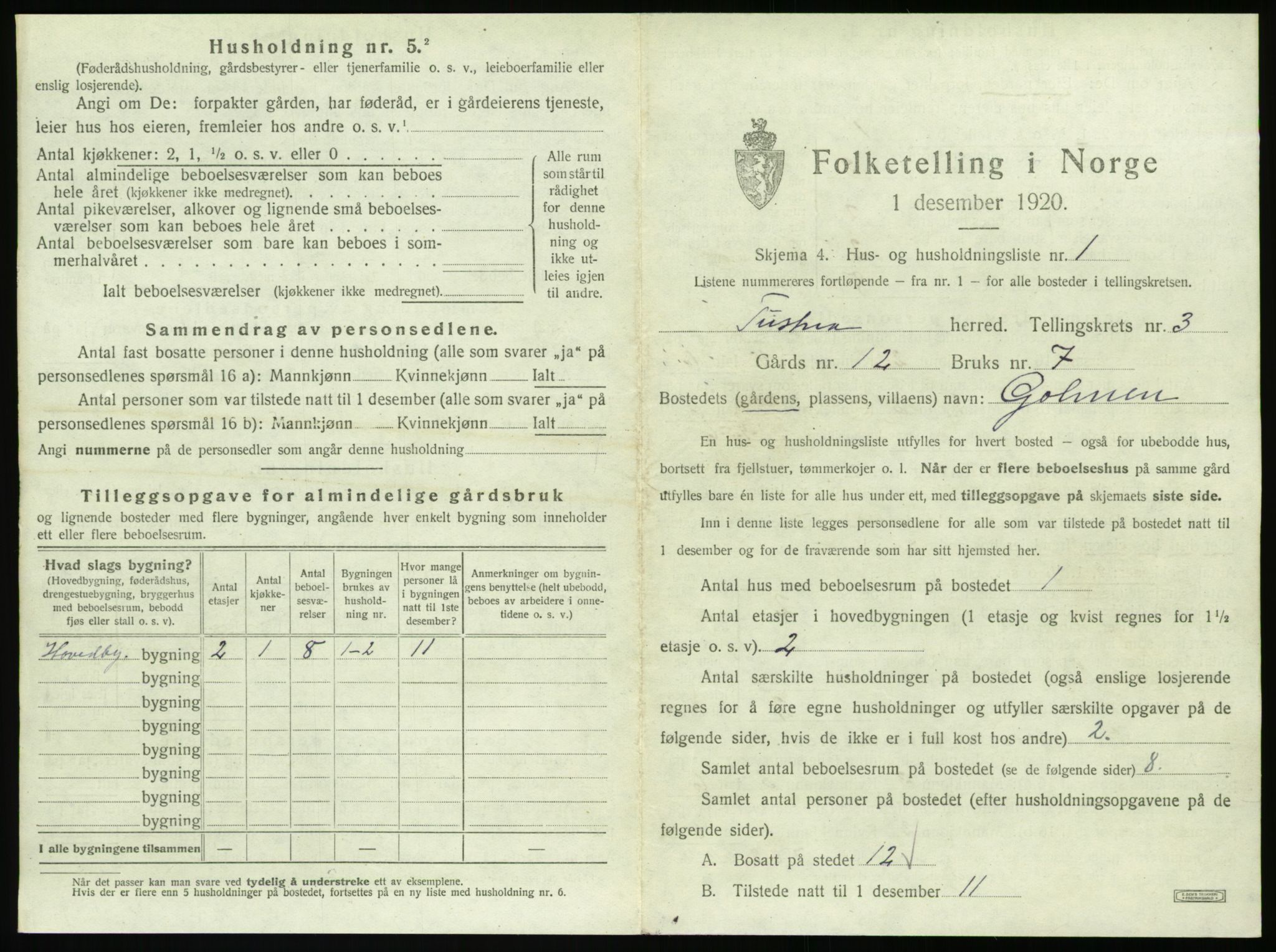 SAT, 1920 census for Tustna, 1920, p. 183