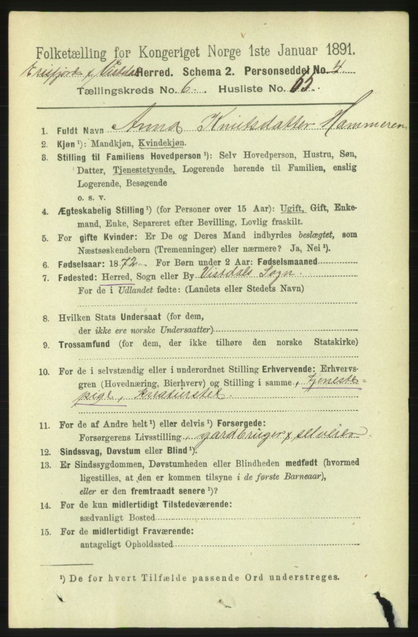 RA, 1891 census for 1542 Eresfjord og Vistdal, 1891, p. 1911
