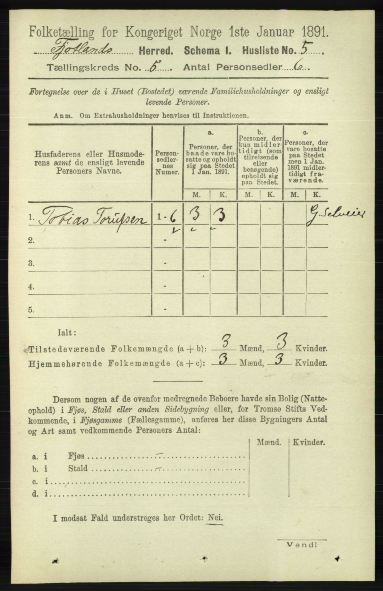 RA, 1891 census for 1036 Fjotland, 1891, p. 703