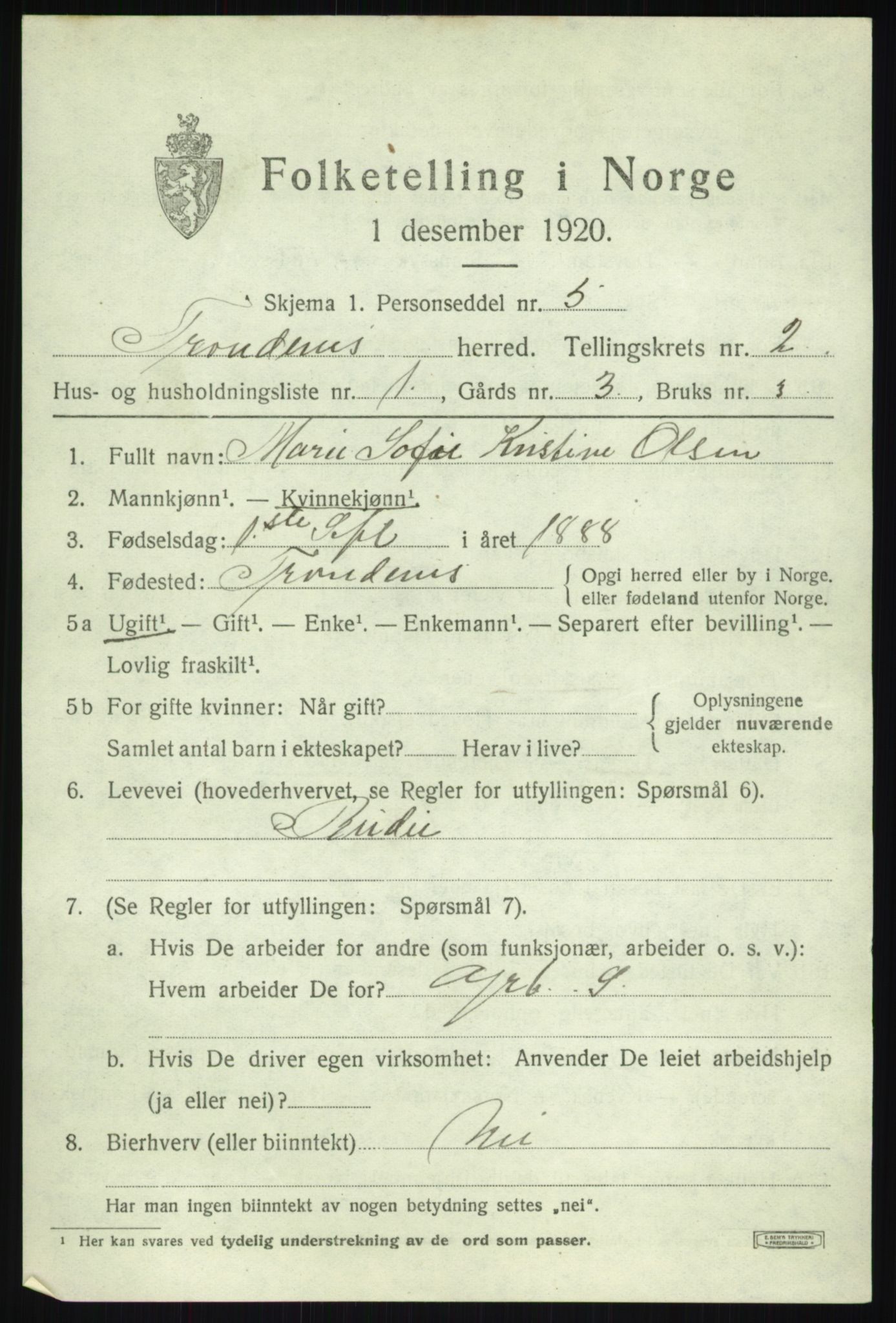 SATØ, 1920 census for Trondenes, 1920, p. 3664