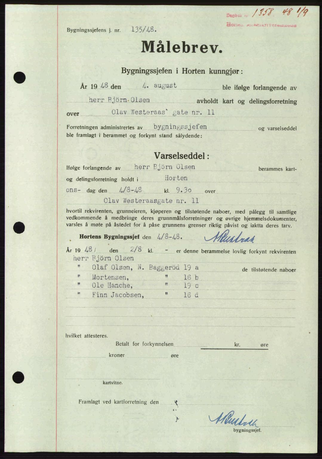 Horten sorenskriveri, AV/SAKO-A-133/G/Ga/Gaa/L0011: Mortgage book no. A-11, 1948-1948, Diary no: : 1358/1948