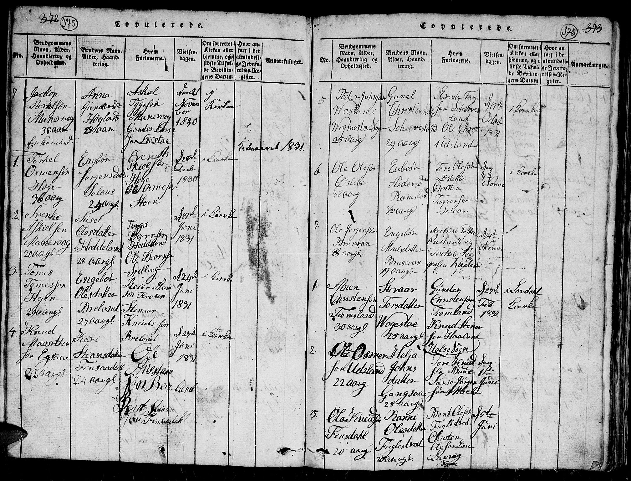 Holum sokneprestkontor, AV/SAK-1111-0022/F/Fb/Fbc/L0001: Parish register (copy) no. B 1, 1820-1859, p. 375-376