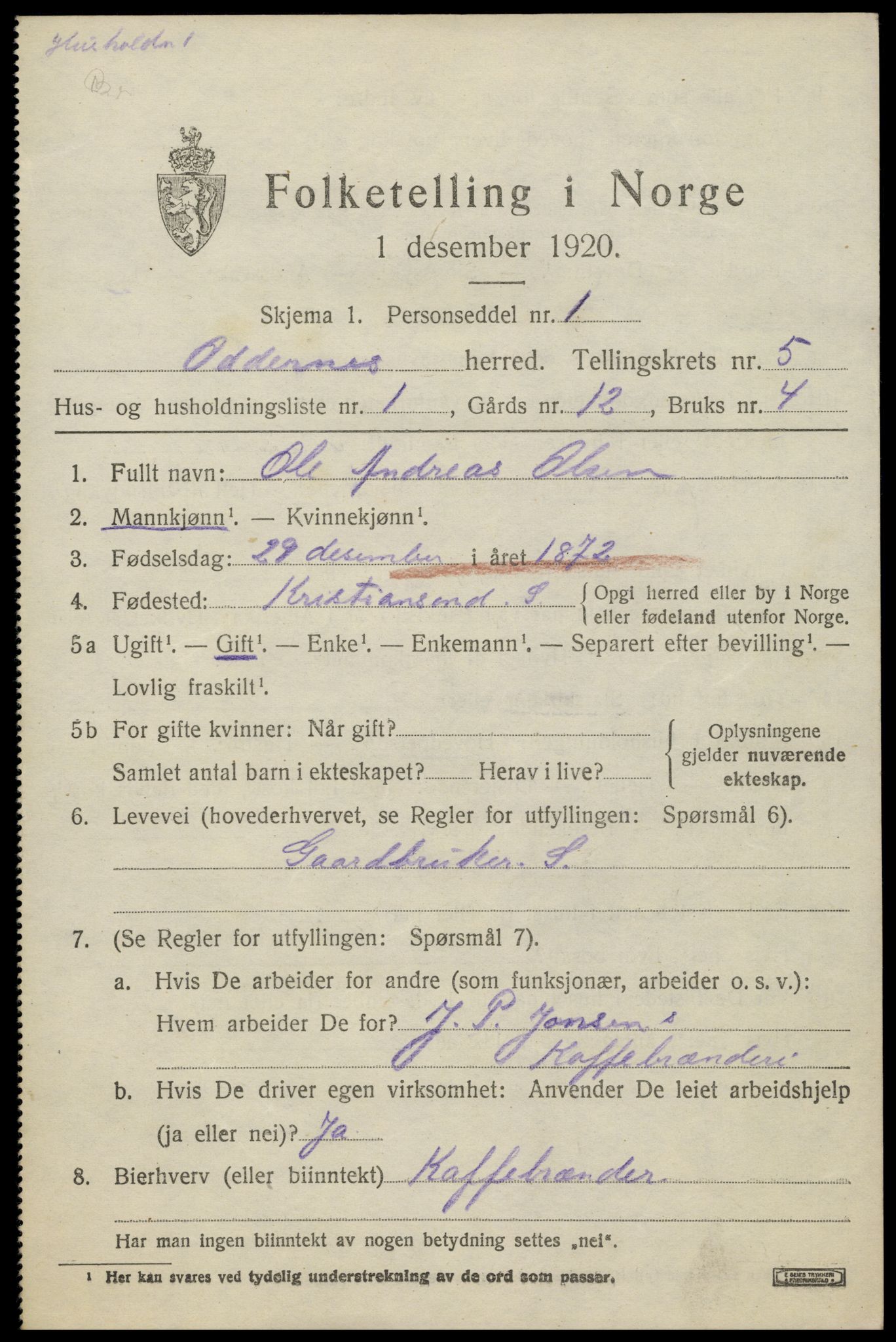 SAK, 1920 census for Oddernes, 1920, p. 4429