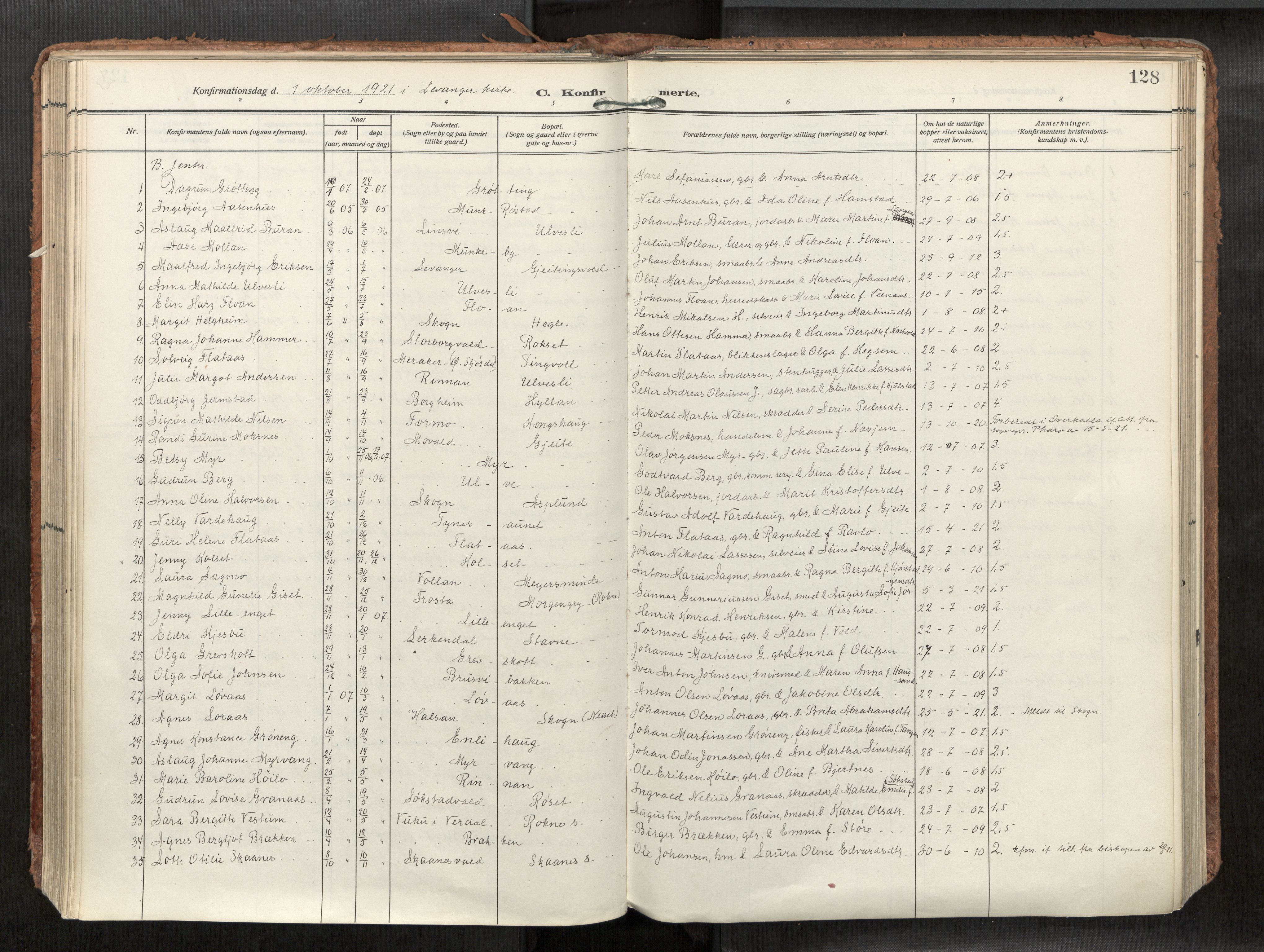 Levanger sokneprestkontor, SAT/A-1301/2/H/Haa/L0002: Parish register (official) no. 2, 1912-1935, p. 128