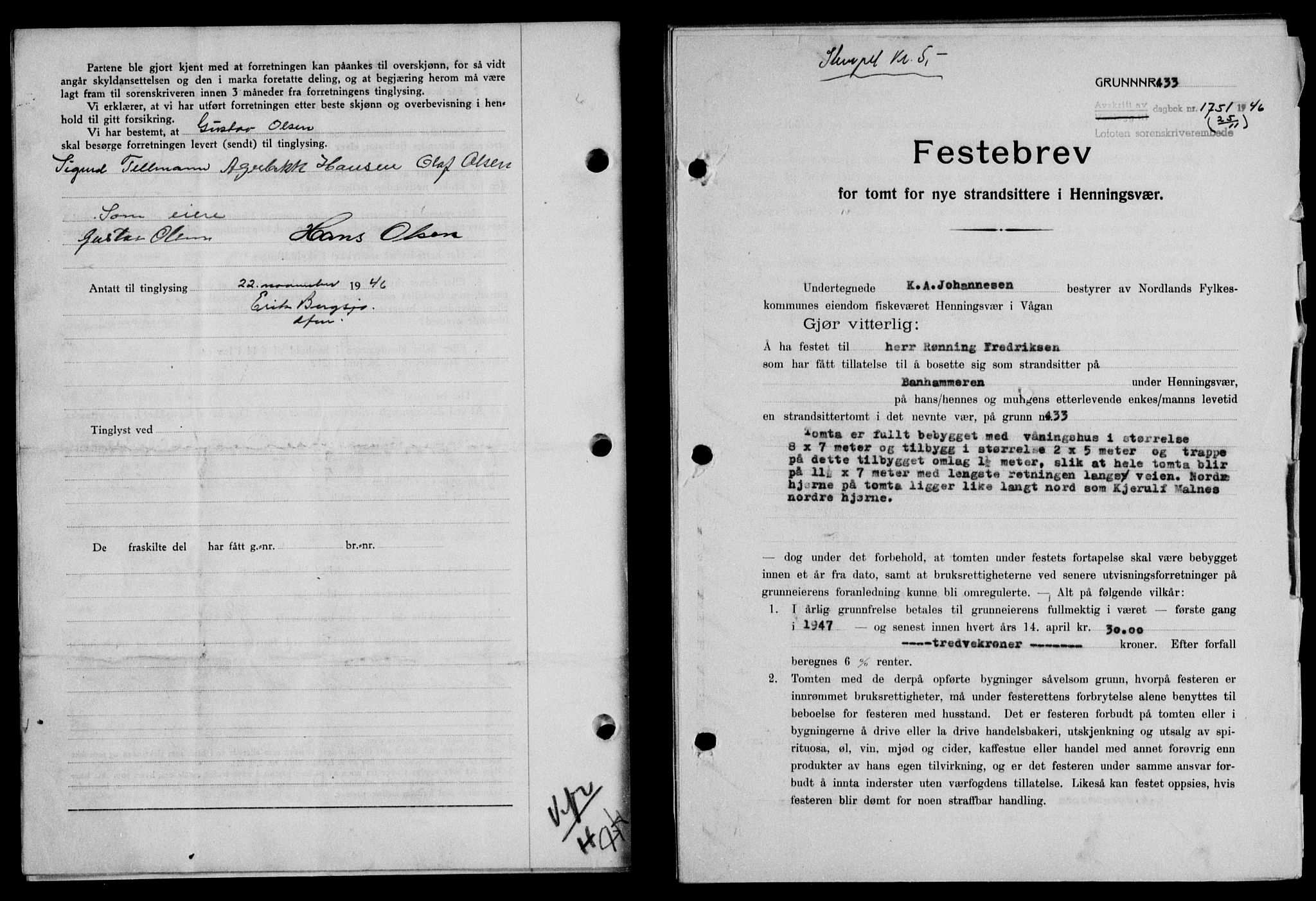 Lofoten sorenskriveri, SAT/A-0017/1/2/2C/L0015a: Mortgage book no. 15a, 1946-1947, Diary no: : 1751/1946