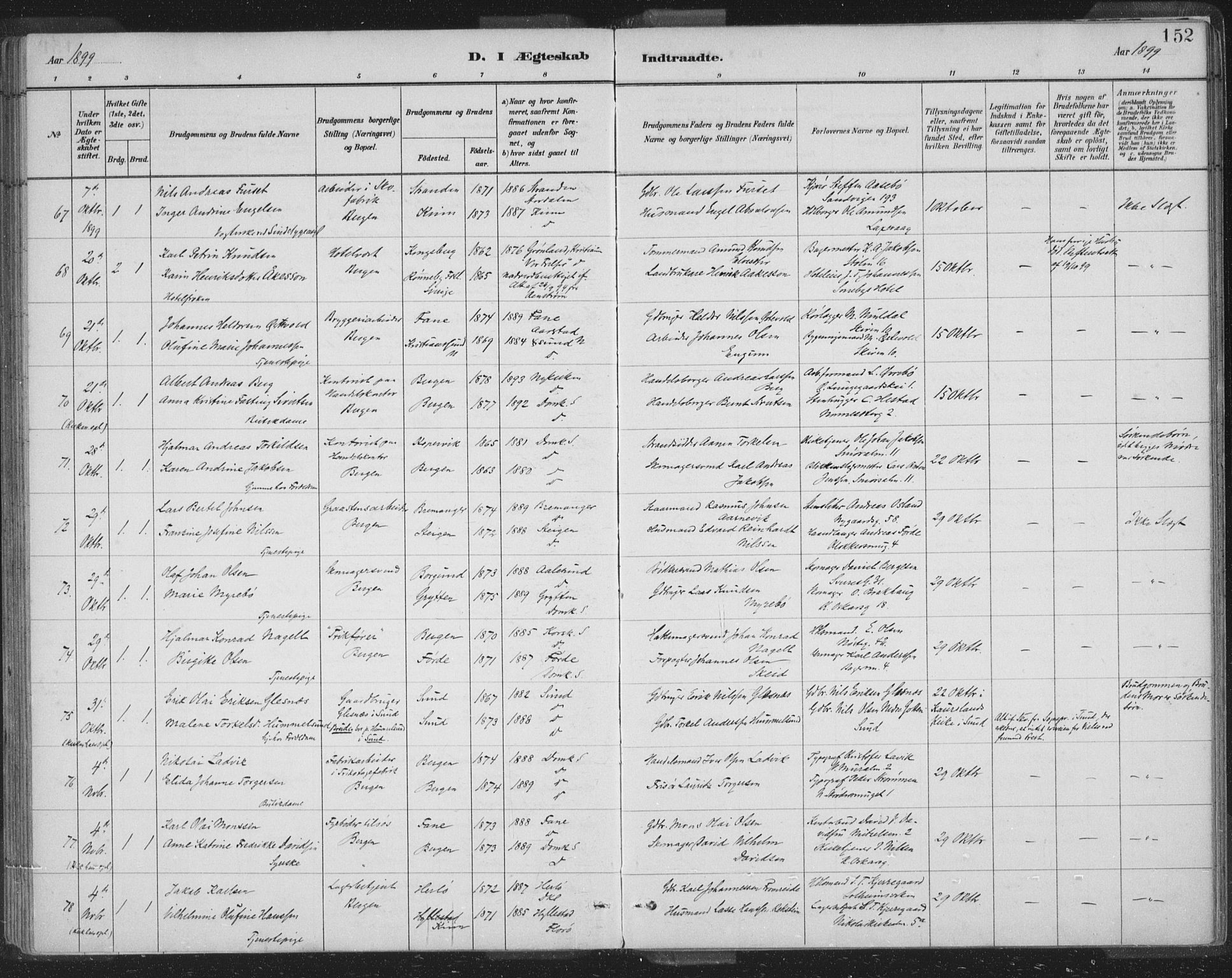 Domkirken sokneprestembete, AV/SAB-A-74801/H/Hab/L0032: Parish register (copy) no. D 4, 1880-1907, p. 152