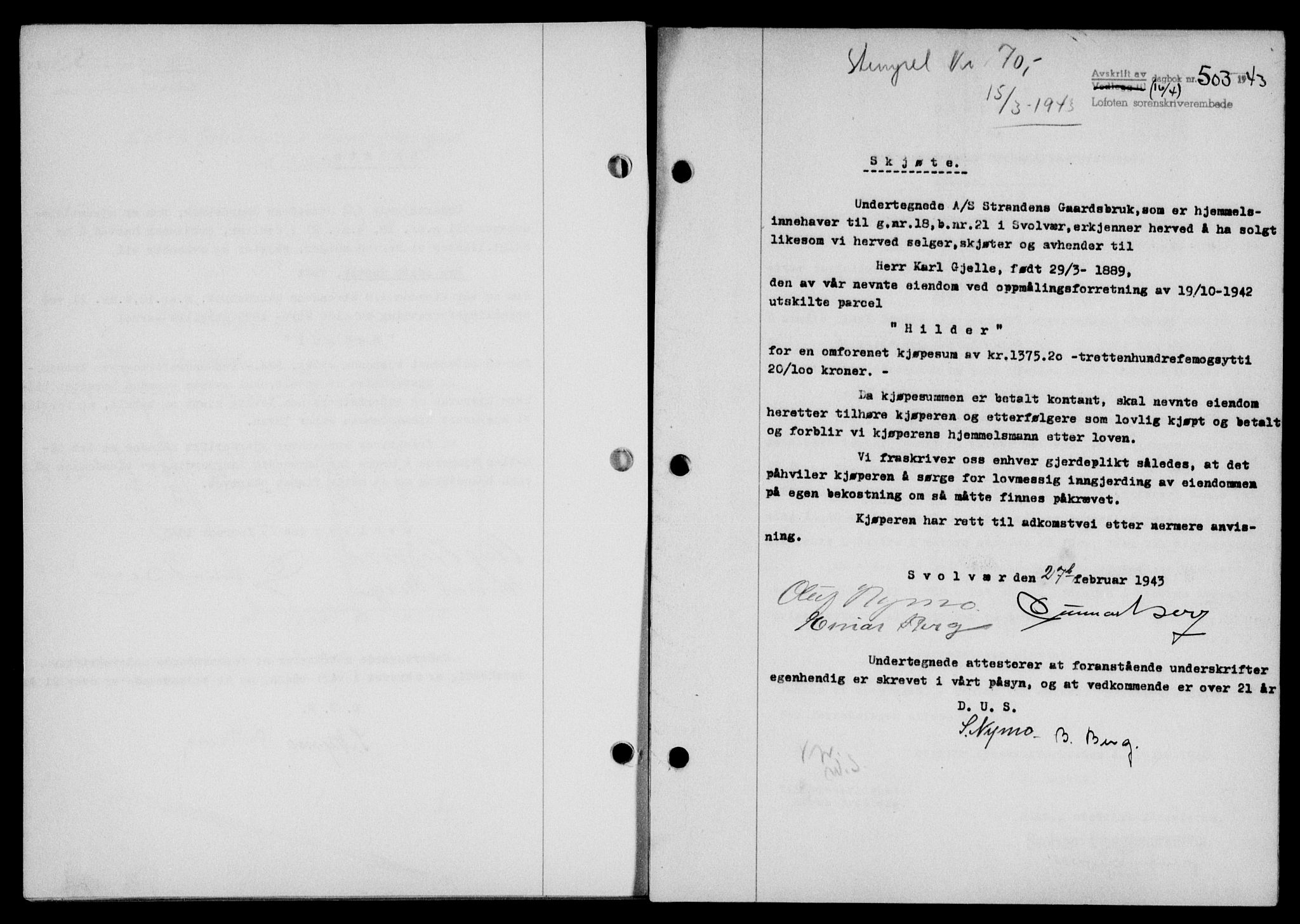 Lofoten sorenskriveri, SAT/A-0017/1/2/2C/L0011a: Mortgage book no. 11a, 1943-1943, Diary no: : 503/1943