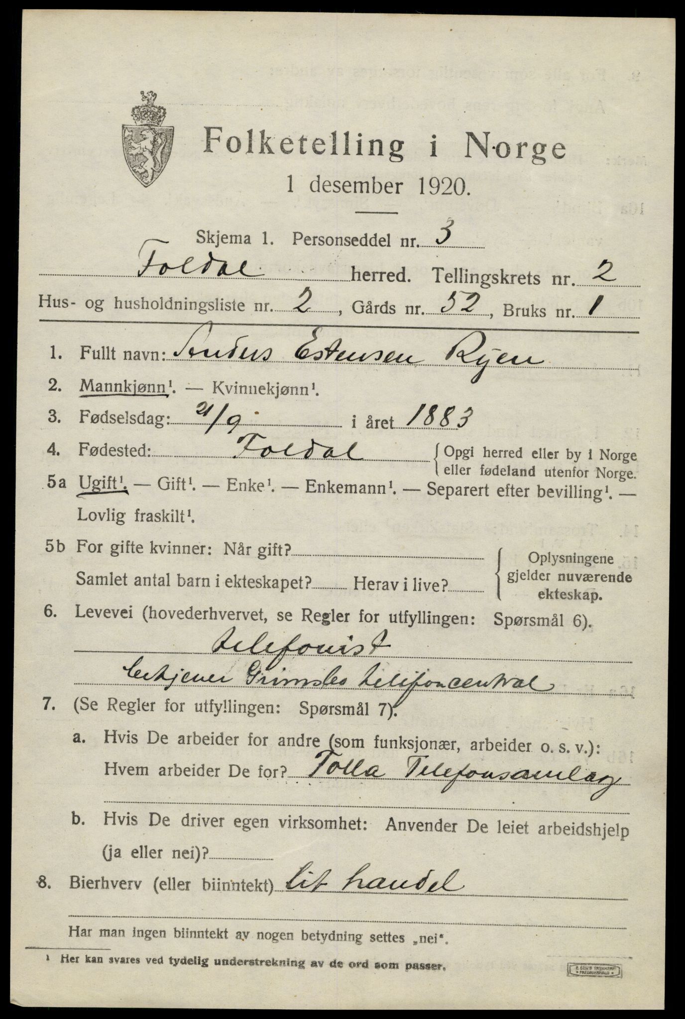 SAH, 1920 census for Folldal, 1920, p. 1049