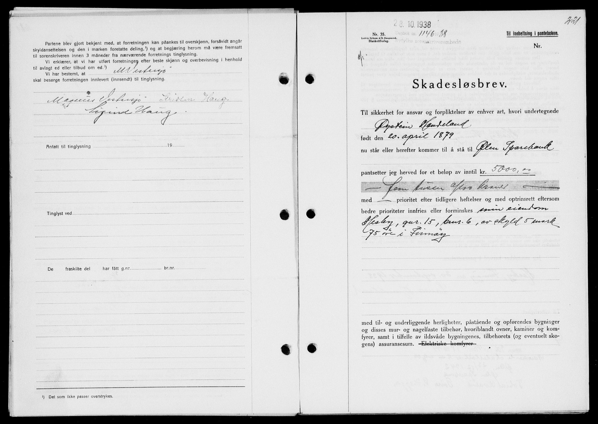 Ryfylke tingrett, SAST/A-100055/001/II/IIB/L0078: Mortgage book no. 57, 1938-1938, Diary no: : 1146/1938