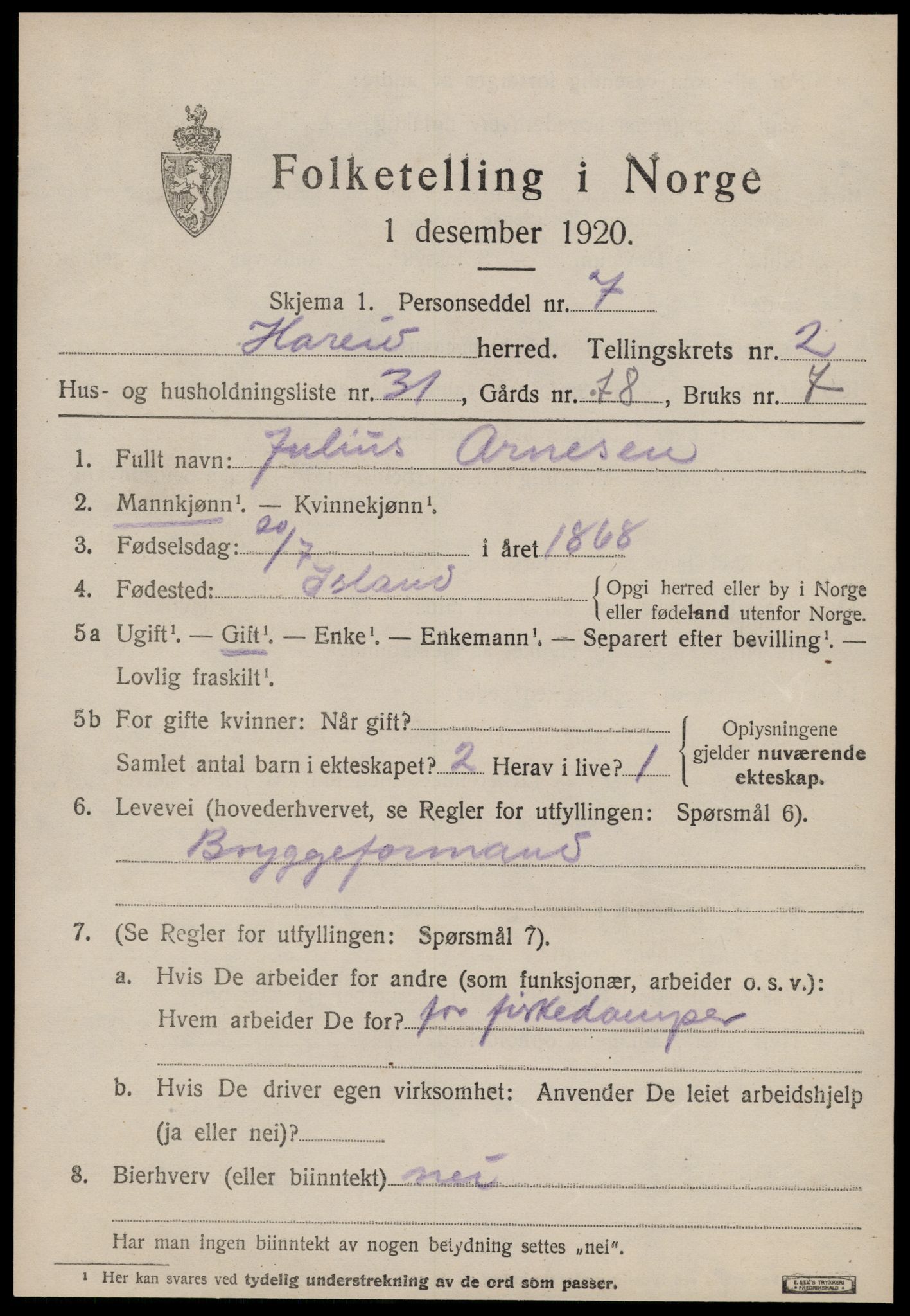 SAT, 1920 census for Hareid, 1920, p. 1379