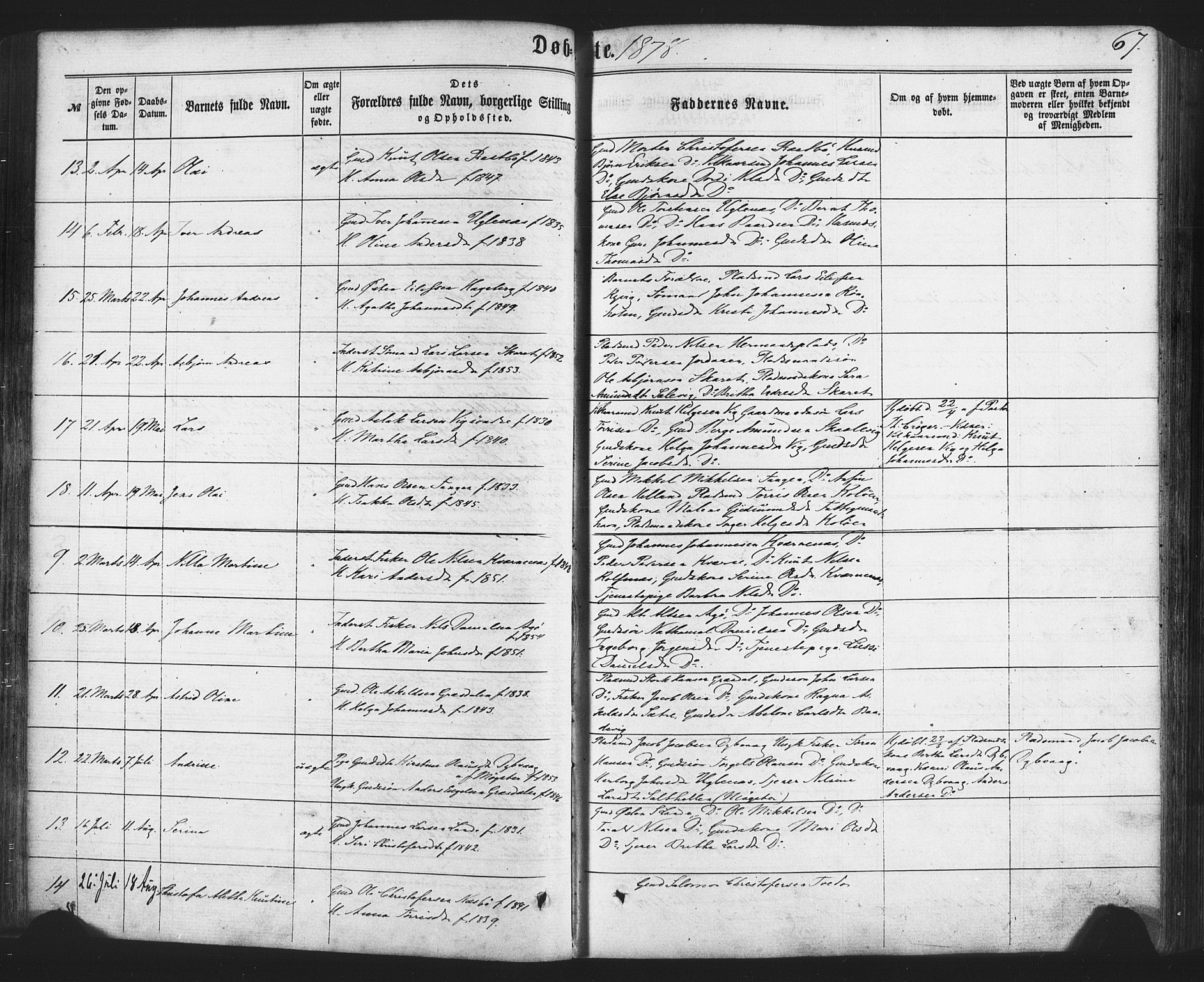 Fitjar sokneprestembete, SAB/A-99926: Parish register (official) no. A 1, 1862-1881, p. 67
