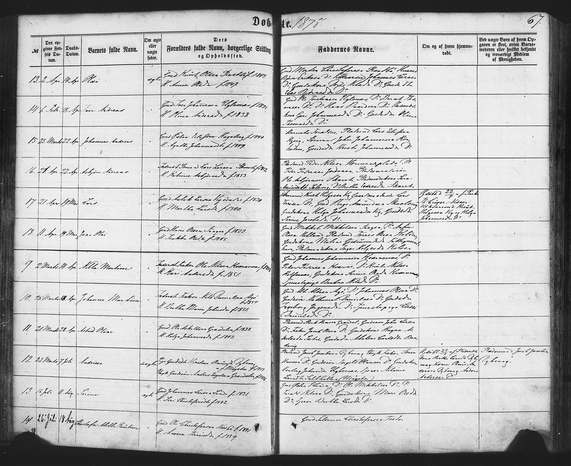Fitjar sokneprestembete, AV/SAB-A-99926: Parish register (official) no. A 1, 1862-1881, p. 67