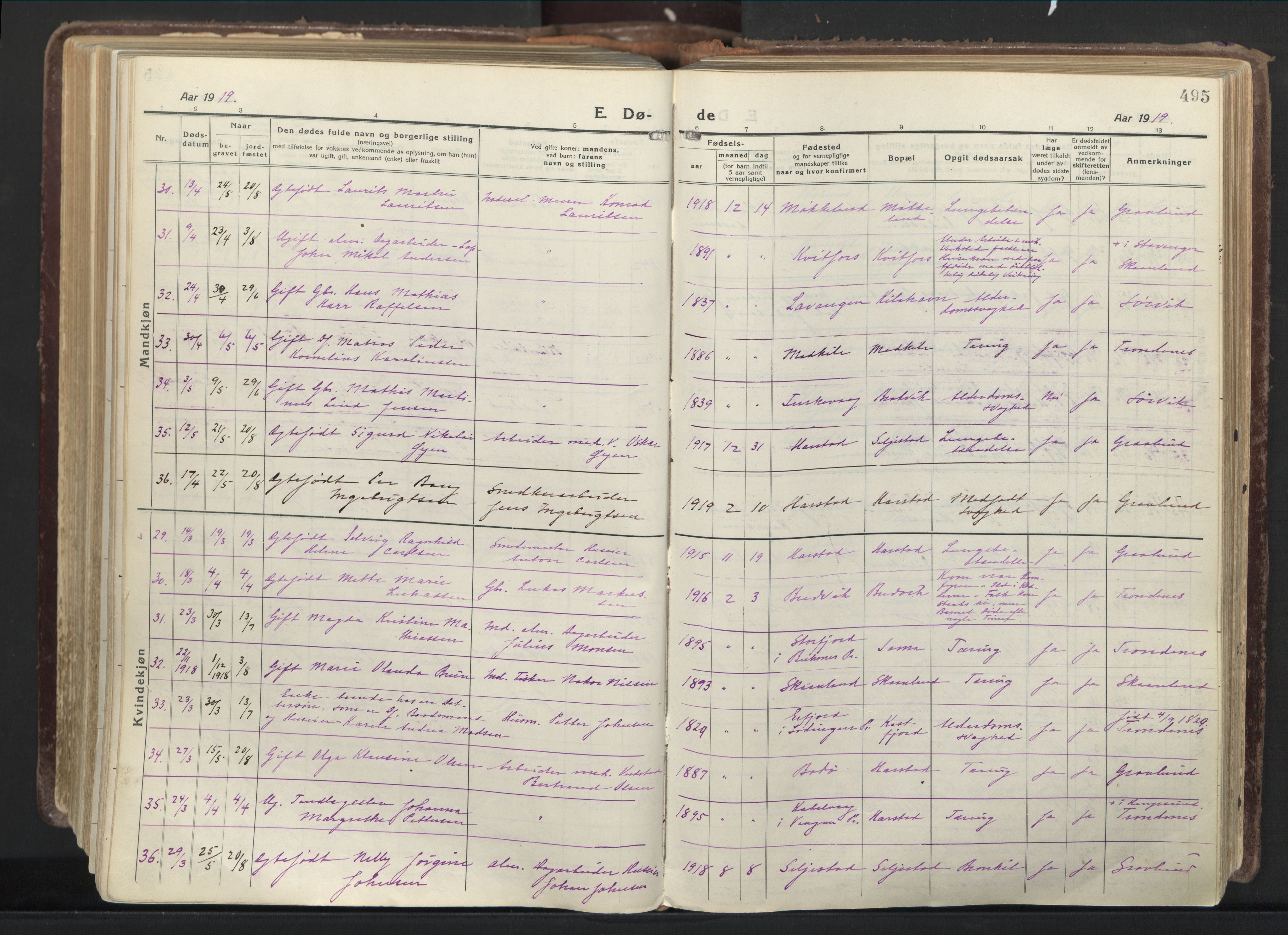 Trondenes sokneprestkontor, AV/SATØ-S-1319/H/Ha/L0019kirke: Parish register (official) no. 19, 1919-1928, p. 495