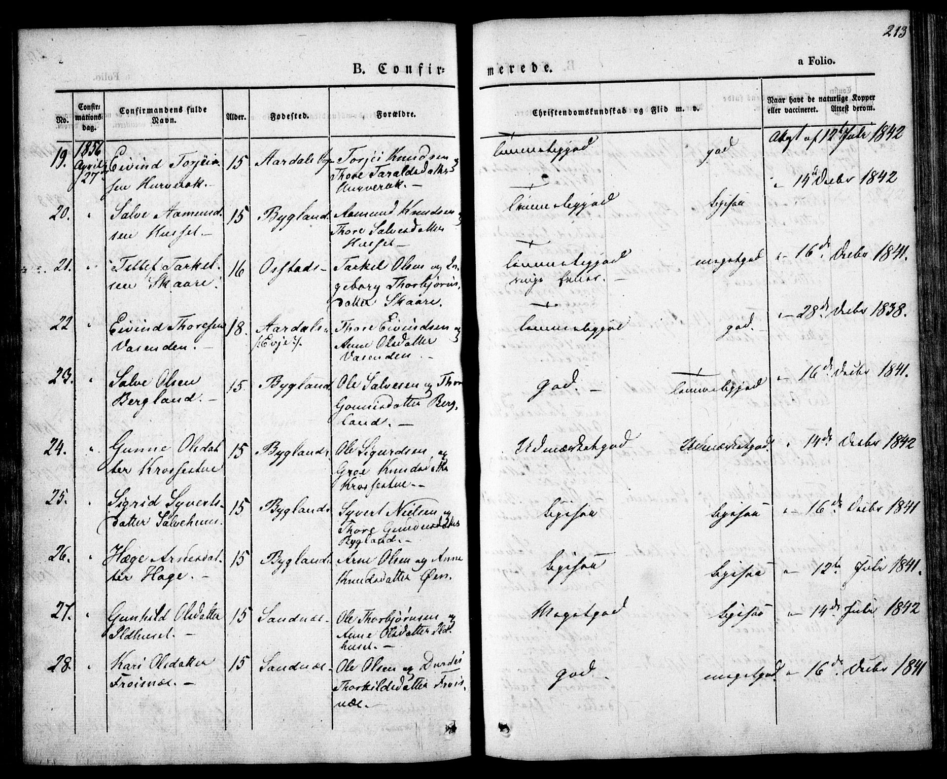 Bygland sokneprestkontor, AV/SAK-1111-0006/F/Fa/Fab/L0004: Parish register (official) no. A 4, 1842-1858, p. 213