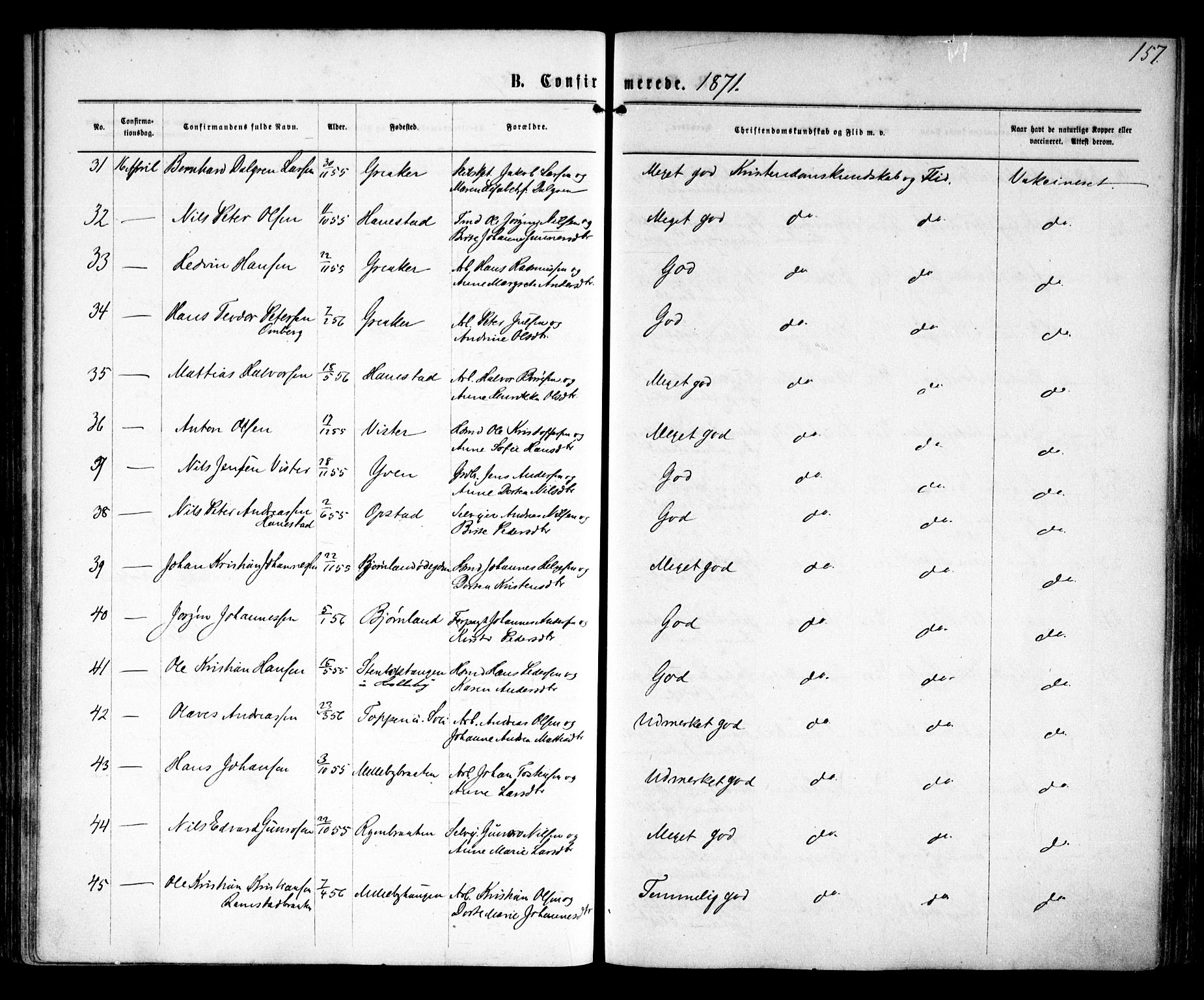 Tune prestekontor Kirkebøker, AV/SAO-A-2007/F/Fa/L0015: Parish register (official) no. 15, 1869-1873, p. 157