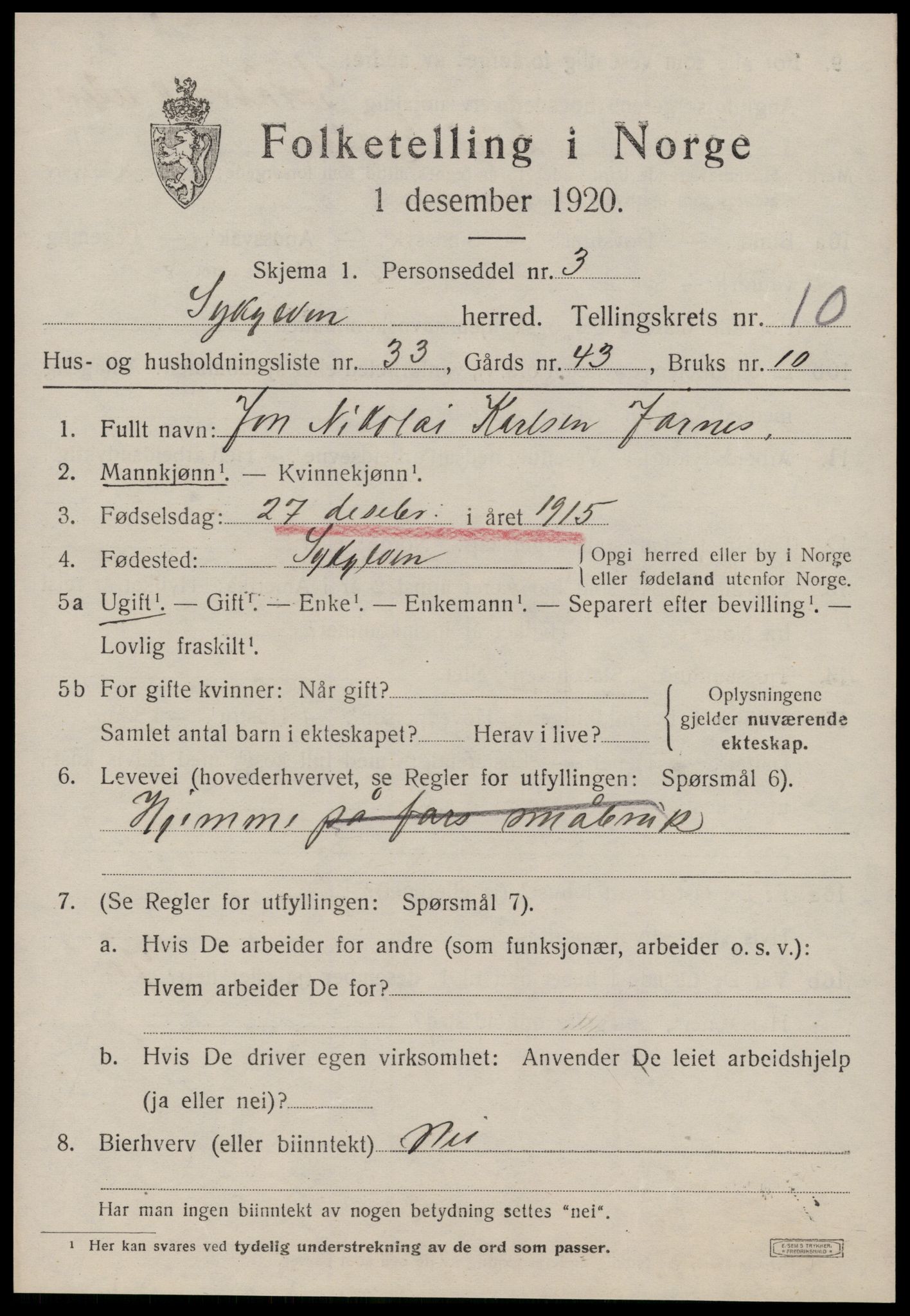 SAT, 1920 census for Sykkylven, 1920, p. 5405