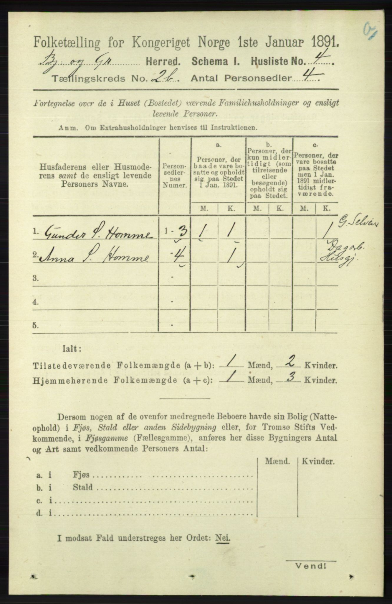 RA, 1891 census for 1024 Bjelland og Grindheim, 1891, p. 1080