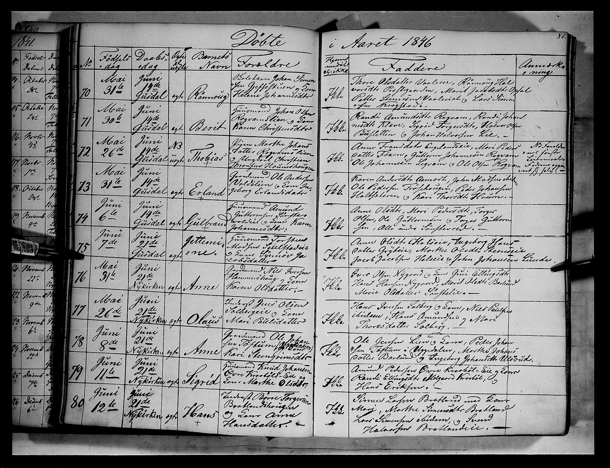 Gausdal prestekontor, SAH/PREST-090/H/Ha/Haa/L0007: Parish register (official) no. 7, 1840-1850, p. 86