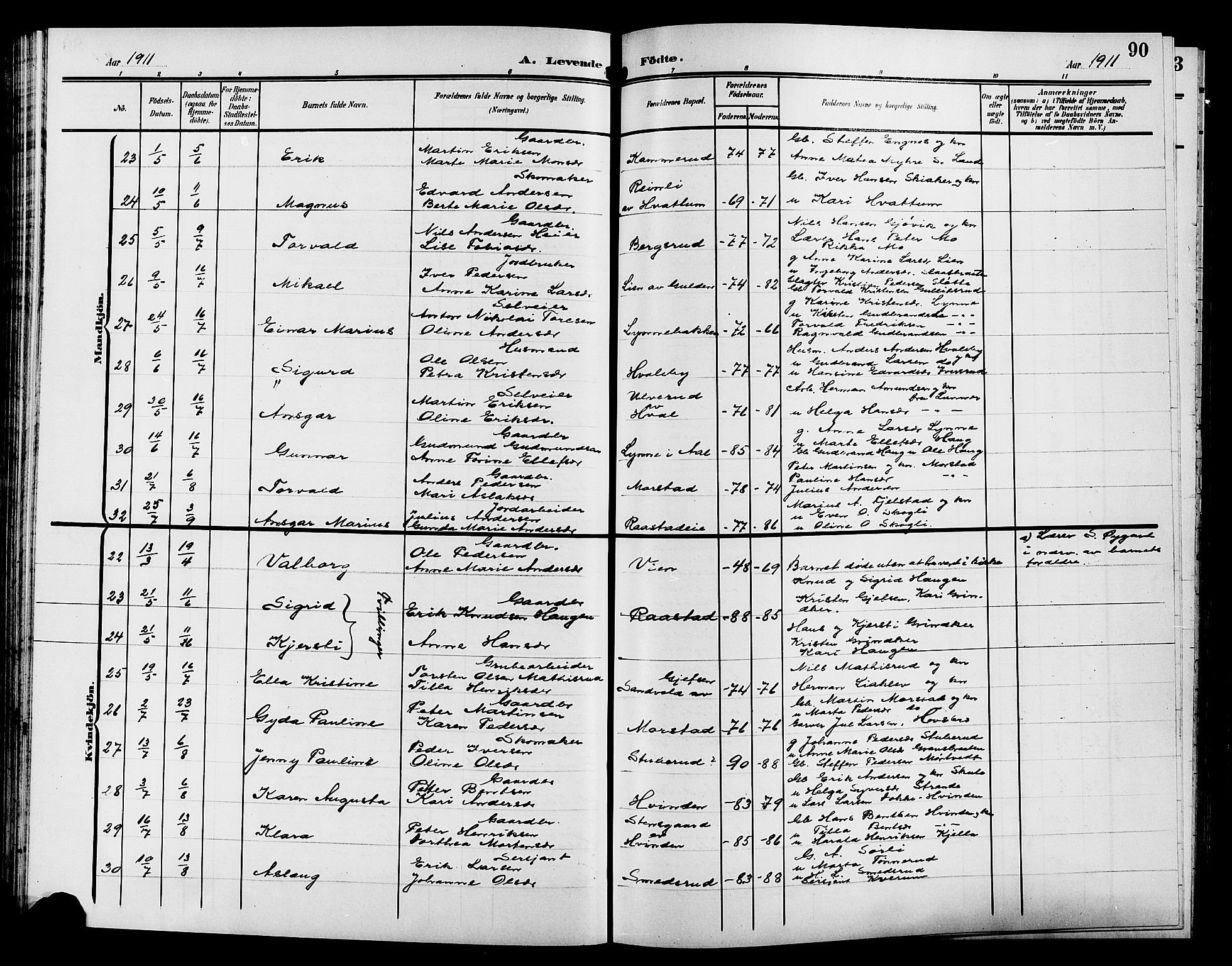 Gran prestekontor, AV/SAH-PREST-112/H/Ha/Hab/L0006: Parish register (copy) no. 6, 1901-1911, p. 90