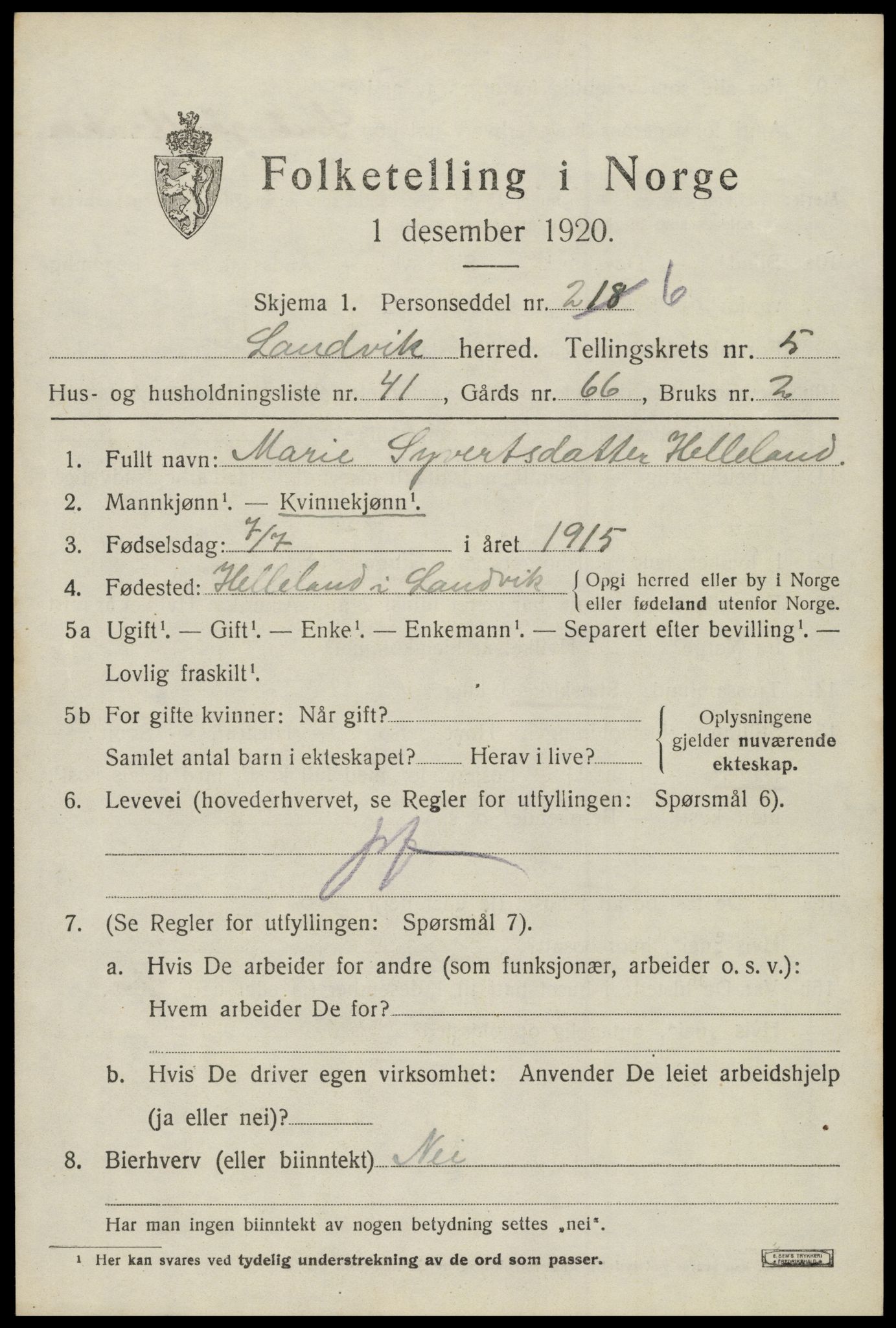 SAK, 1920 census for Landvik, 1920, p. 4444