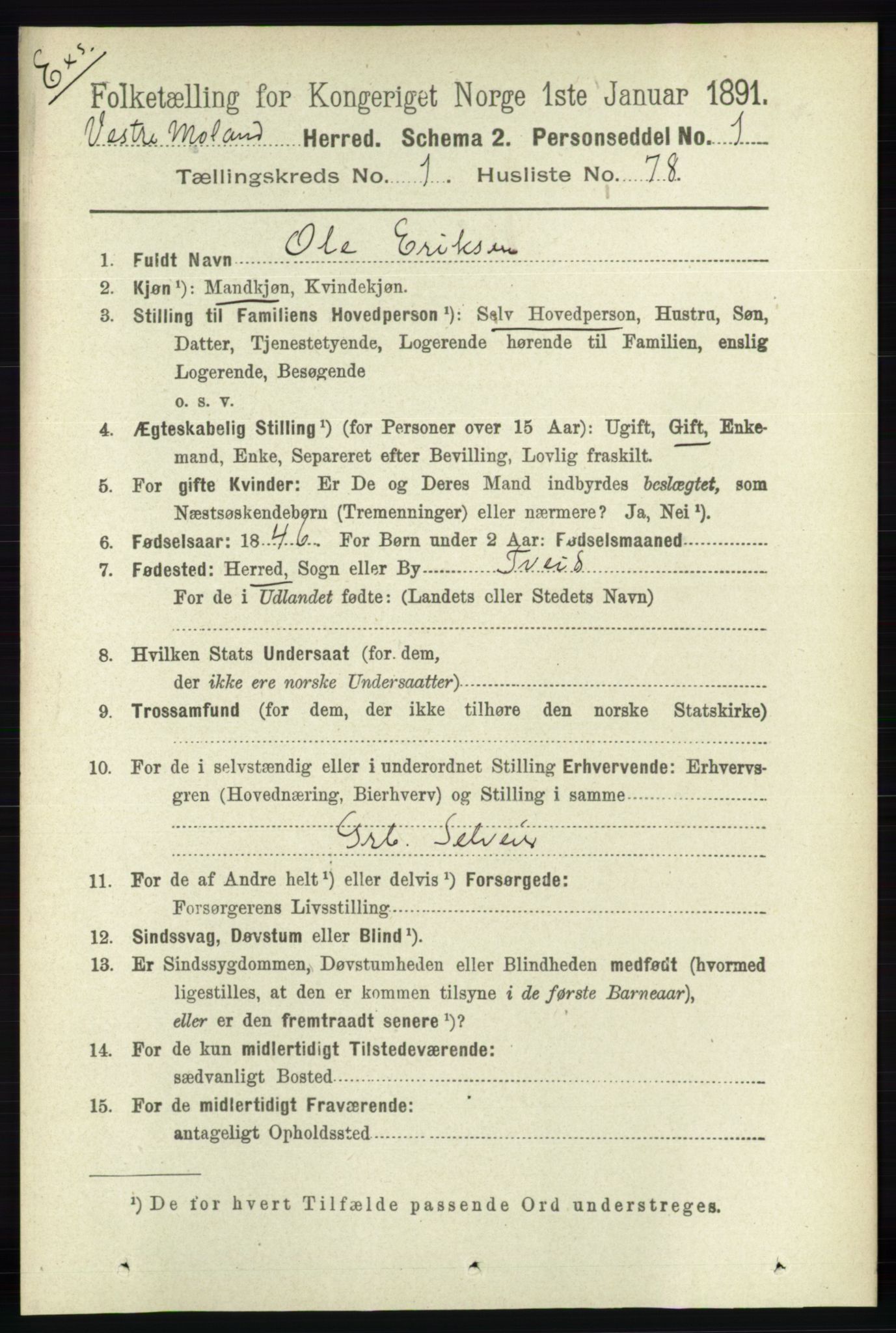 RA, Census 1891 for Nedenes amt: Gjenparter av personsedler for beslektede ektefeller, menn, 1891, p. 799