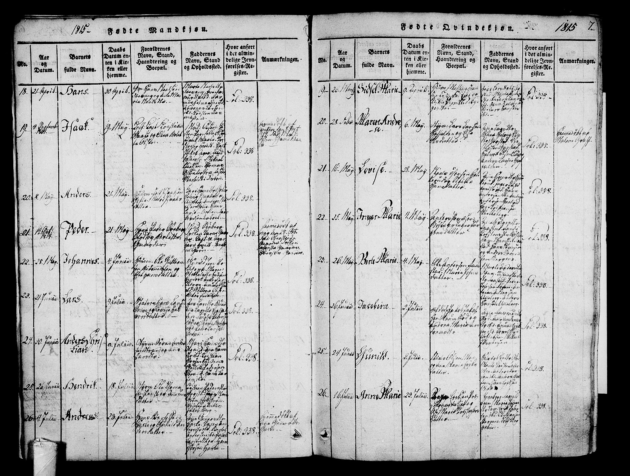 Sandar kirkebøker, AV/SAKO-A-243/F/Fa/L0004: Parish register (official) no. 4, 1814-1832, p. 7