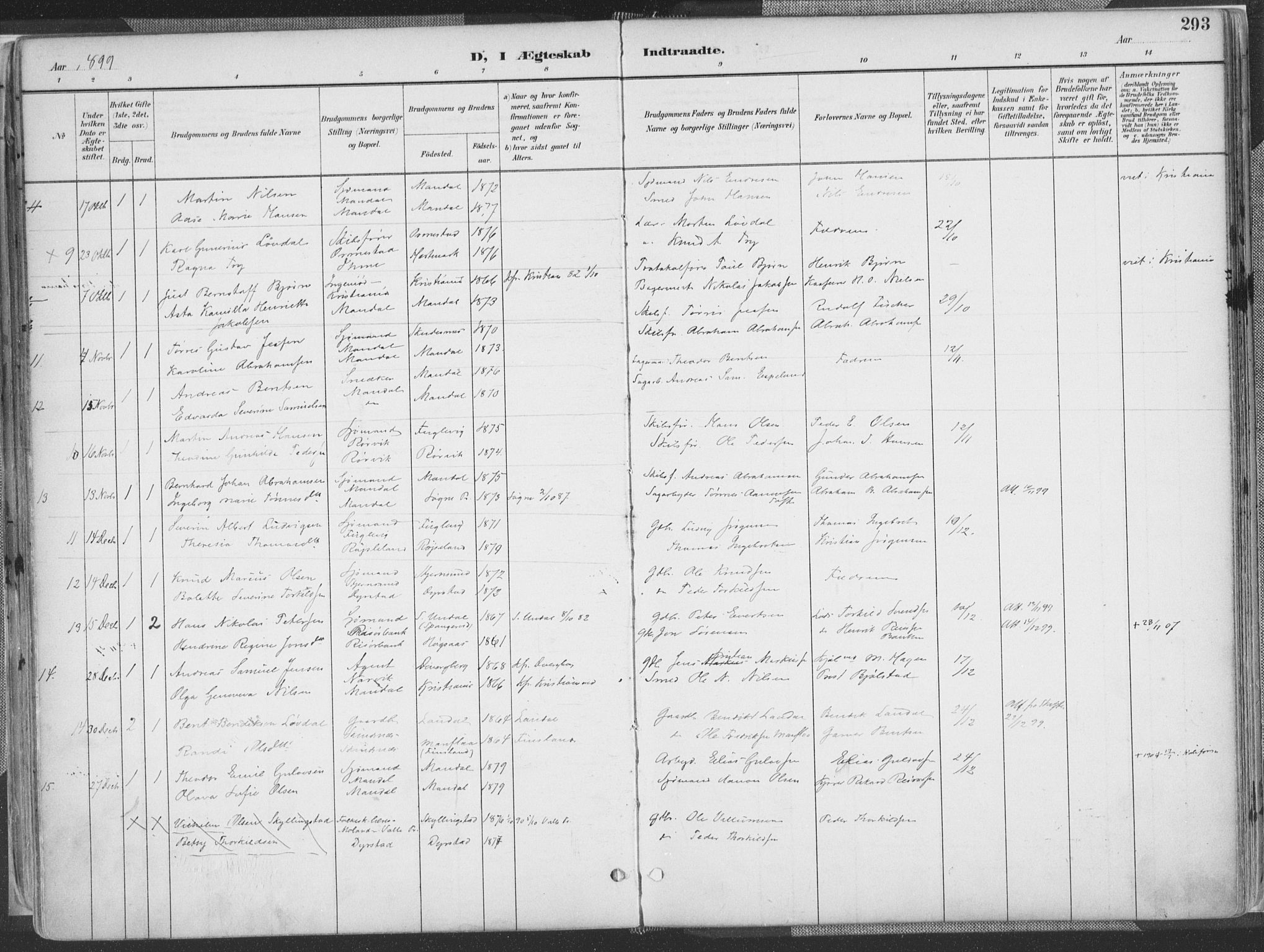 Mandal sokneprestkontor, AV/SAK-1111-0030/F/Fa/Faa/L0018: Parish register (official) no. A 18, 1890-1905, p. 293