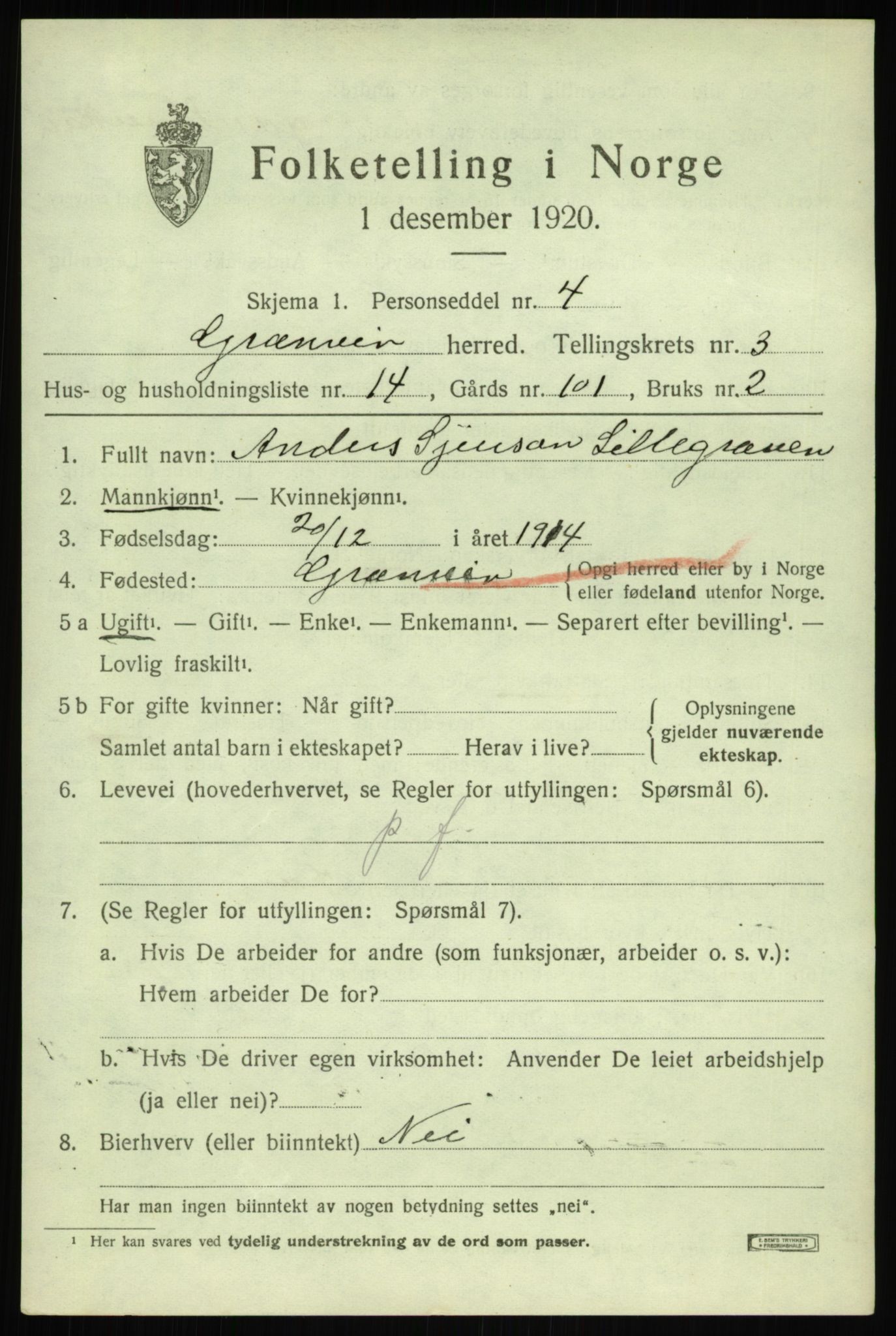 SAB, 1920 census for Granvin, 1920, p. 1300