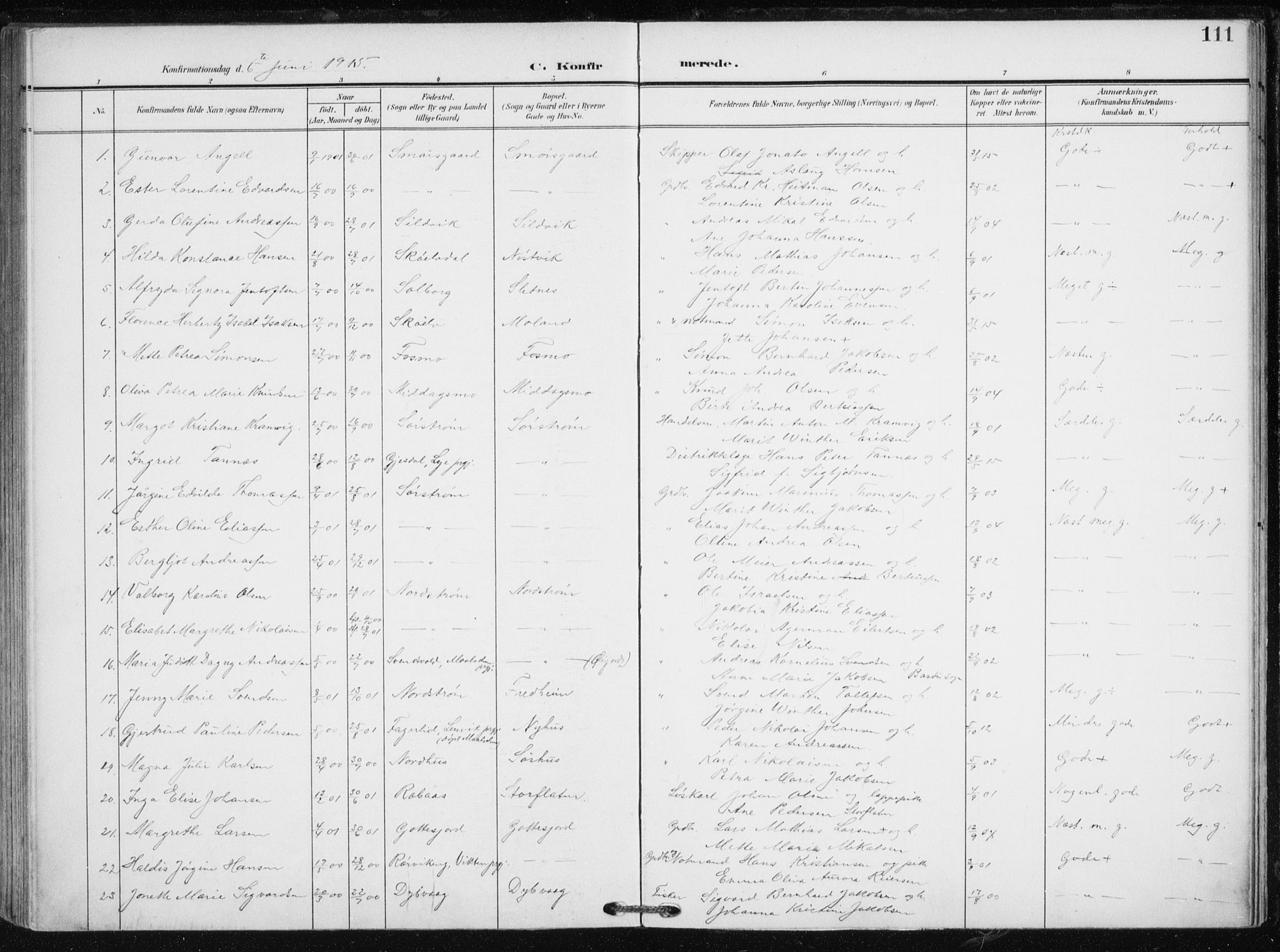 Tranøy sokneprestkontor, SATØ/S-1313/I/Ia/Iaa/L0012kirke: Parish register (official) no. 12, 1905-1918, p. 111