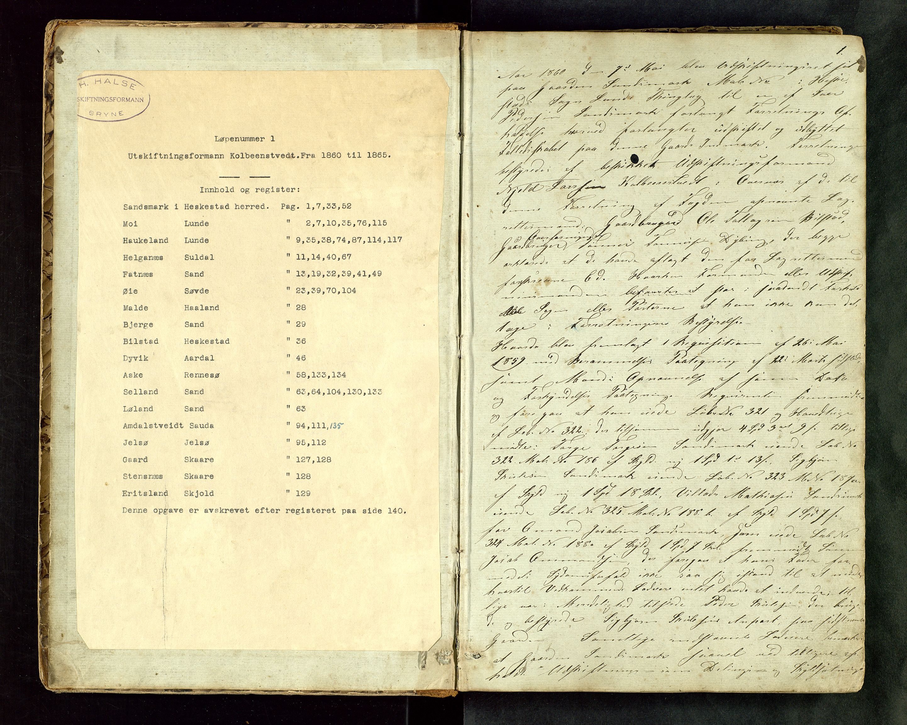 Rogaland jordskifterett, AV/SAST-A-102426/Oa/L0001: Forhandlingsprotokoll, 1860-1865, p. 1