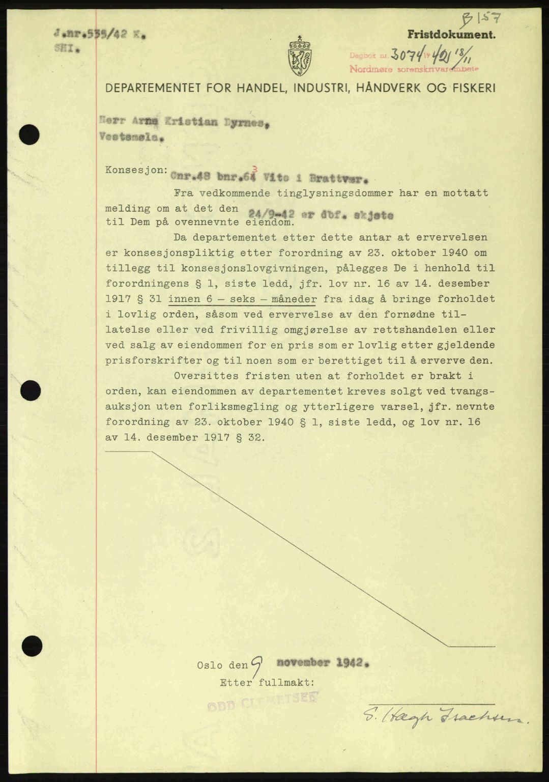 Nordmøre sorenskriveri, AV/SAT-A-4132/1/2/2Ca: Mortgage book no. B90, 1942-1943, Diary no: : 3074/1942