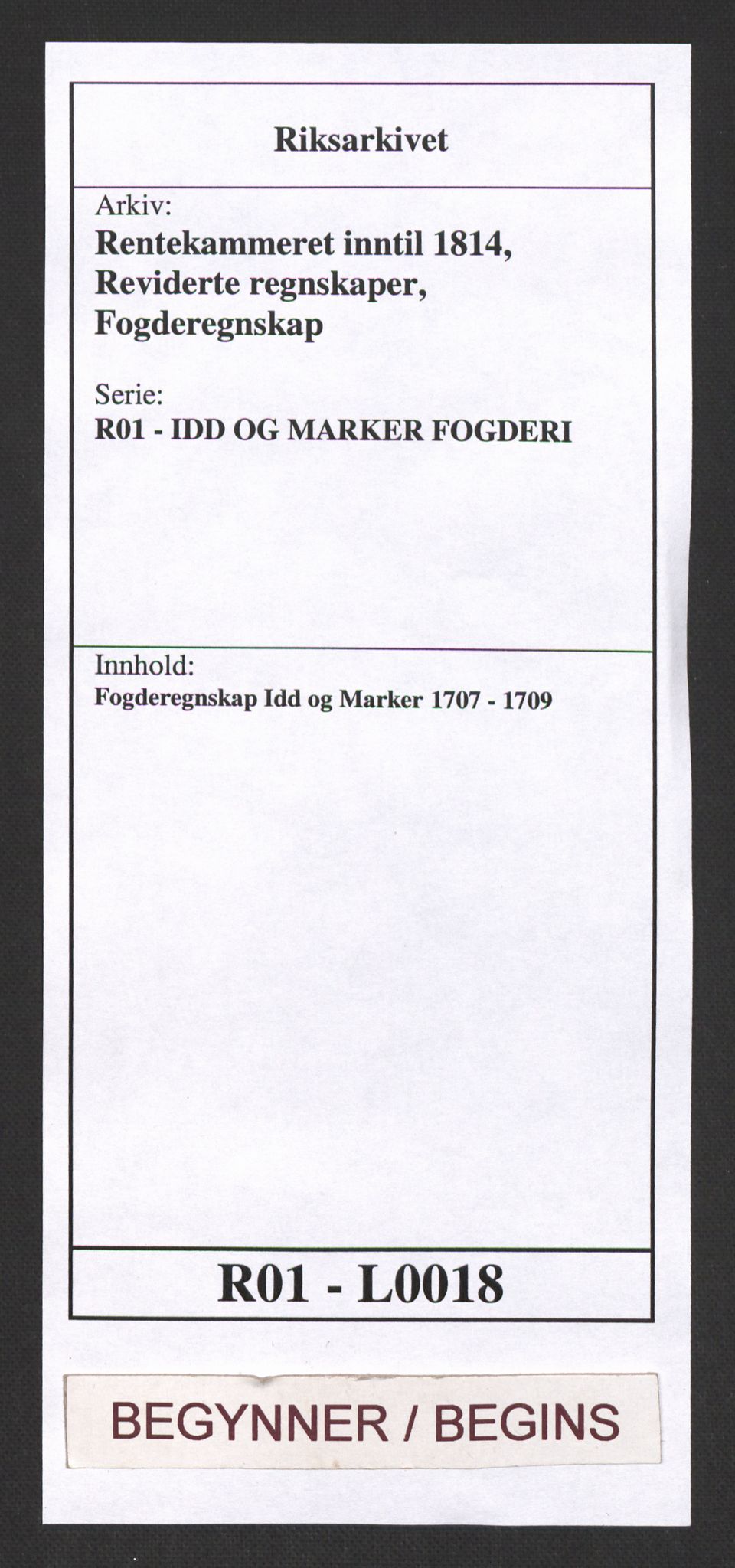 Rentekammeret inntil 1814, Reviderte regnskaper, Fogderegnskap, RA/EA-4092/R01/L0018: Fogderegnskap Idd og Marker, 1707-1709, p. 1
