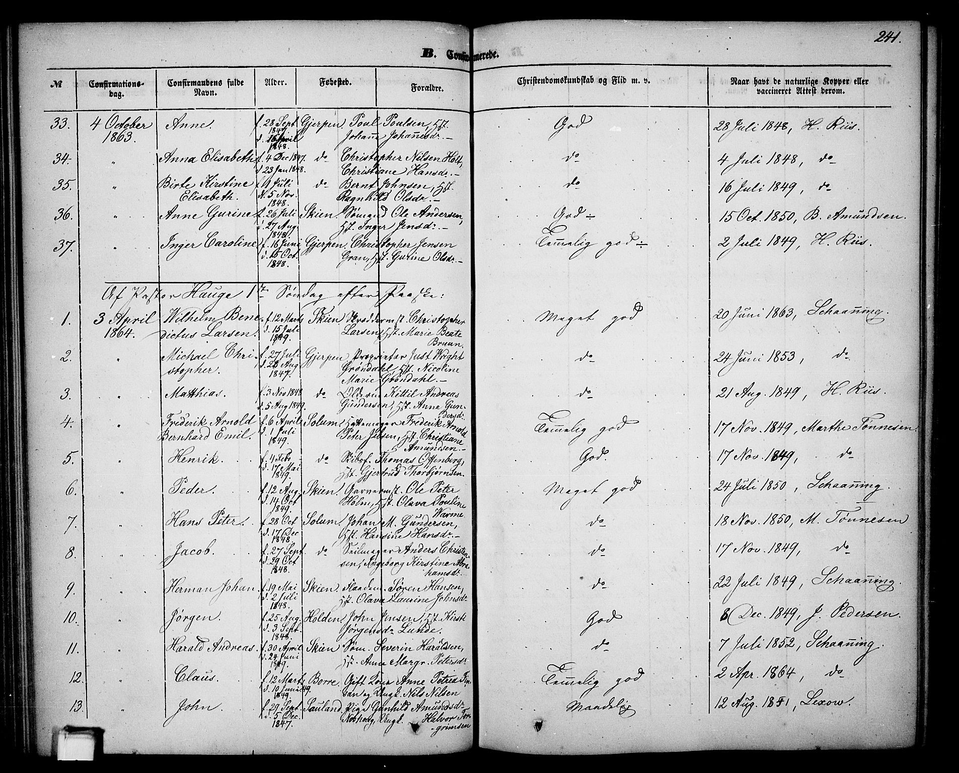 Skien kirkebøker, AV/SAKO-A-302/G/Ga/L0004: Parish register (copy) no. 4, 1843-1867, p. 241