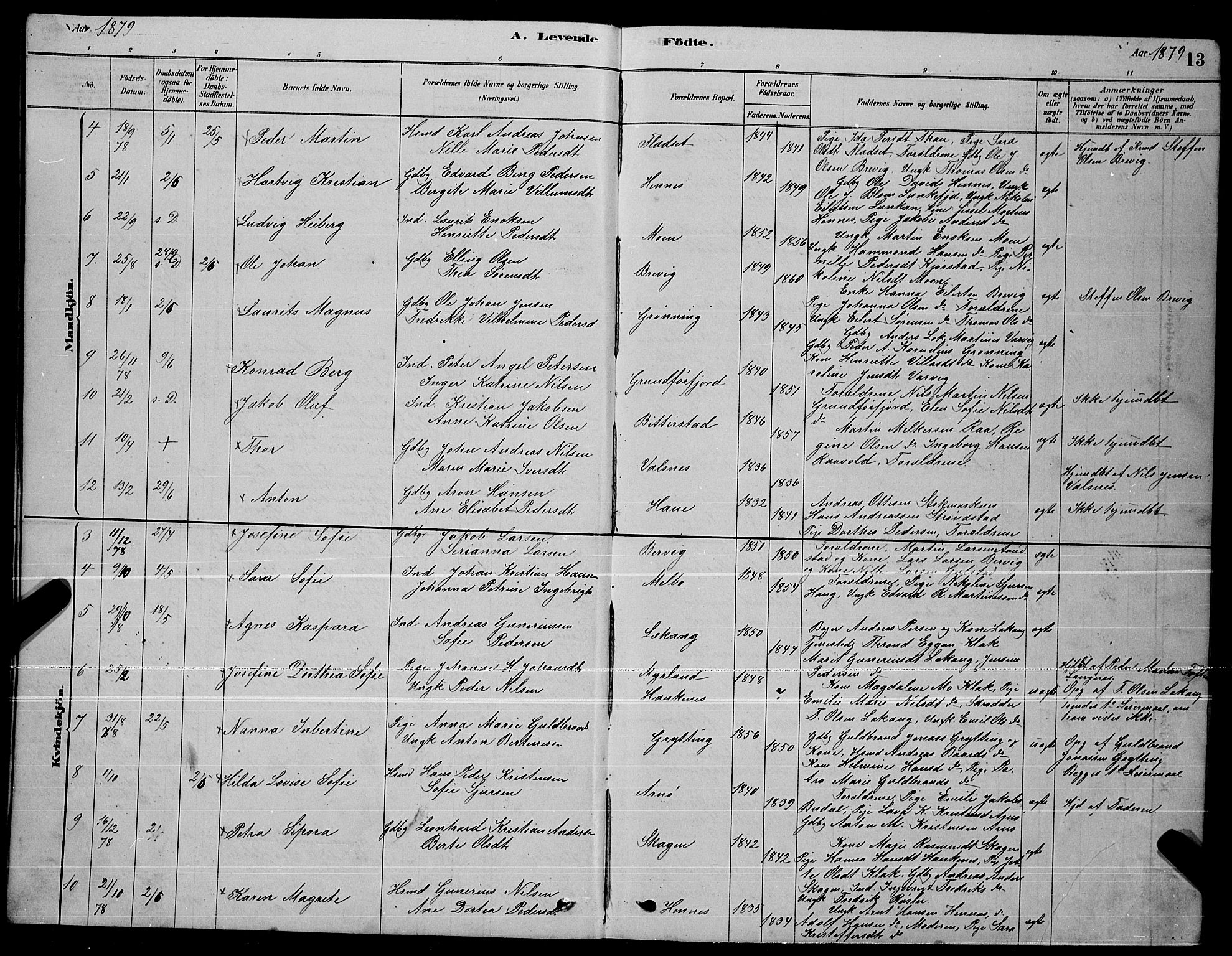 Ministerialprotokoller, klokkerbøker og fødselsregistre - Nordland, AV/SAT-A-1459/888/L1267: Parish register (copy) no. 888C05, 1878-1890, p. 13