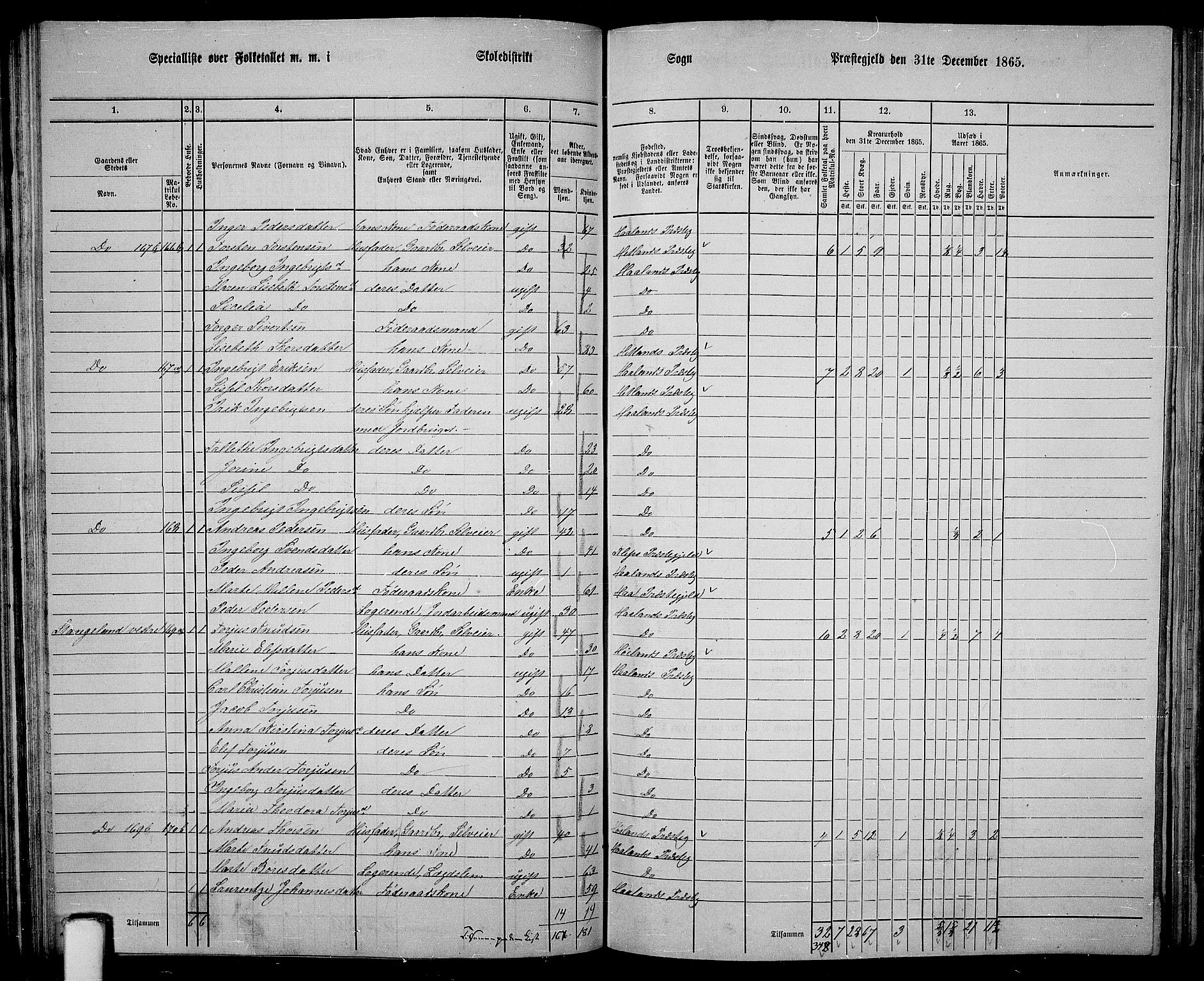 RA, 1865 census for Håland, 1865, p. 65