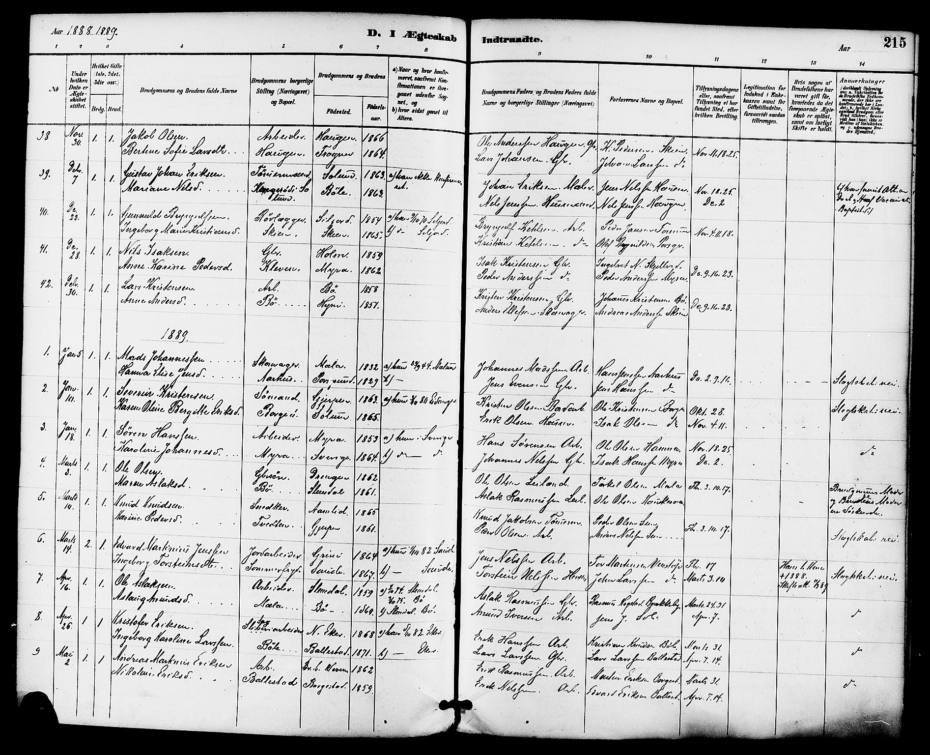Gjerpen kirkebøker, SAKO/A-265/F/Fa/L0010: Parish register (official) no. I 10, 1886-1895, p. 215