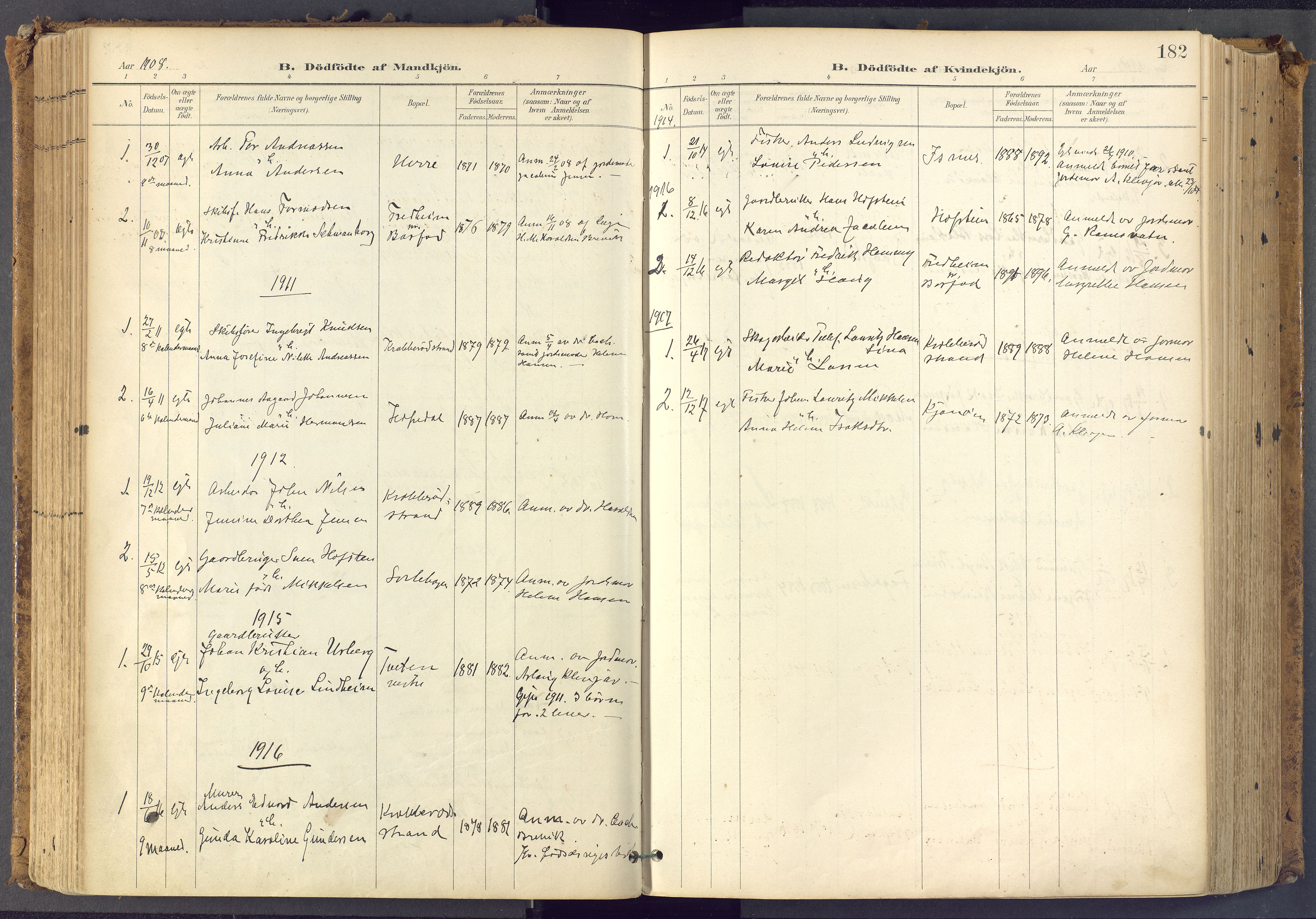 Bamble kirkebøker, SAKO/A-253/F/Fa/L0009: Parish register (official) no. I 9, 1901-1917, p. 182