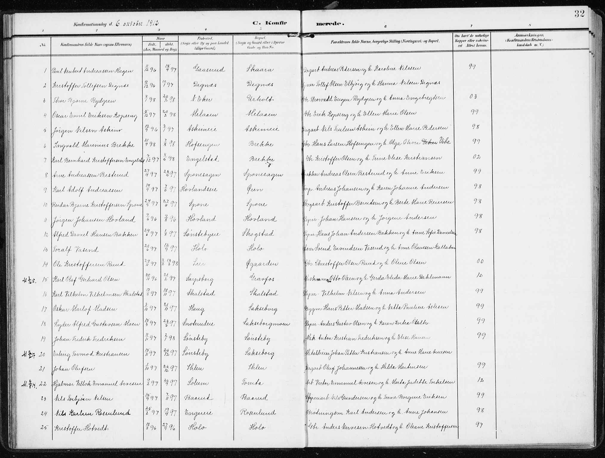 Modum kirkebøker, AV/SAKO-A-234/F/Fa/L0014b: Parish register (official) no. 14b, 1906-1917, p. 32